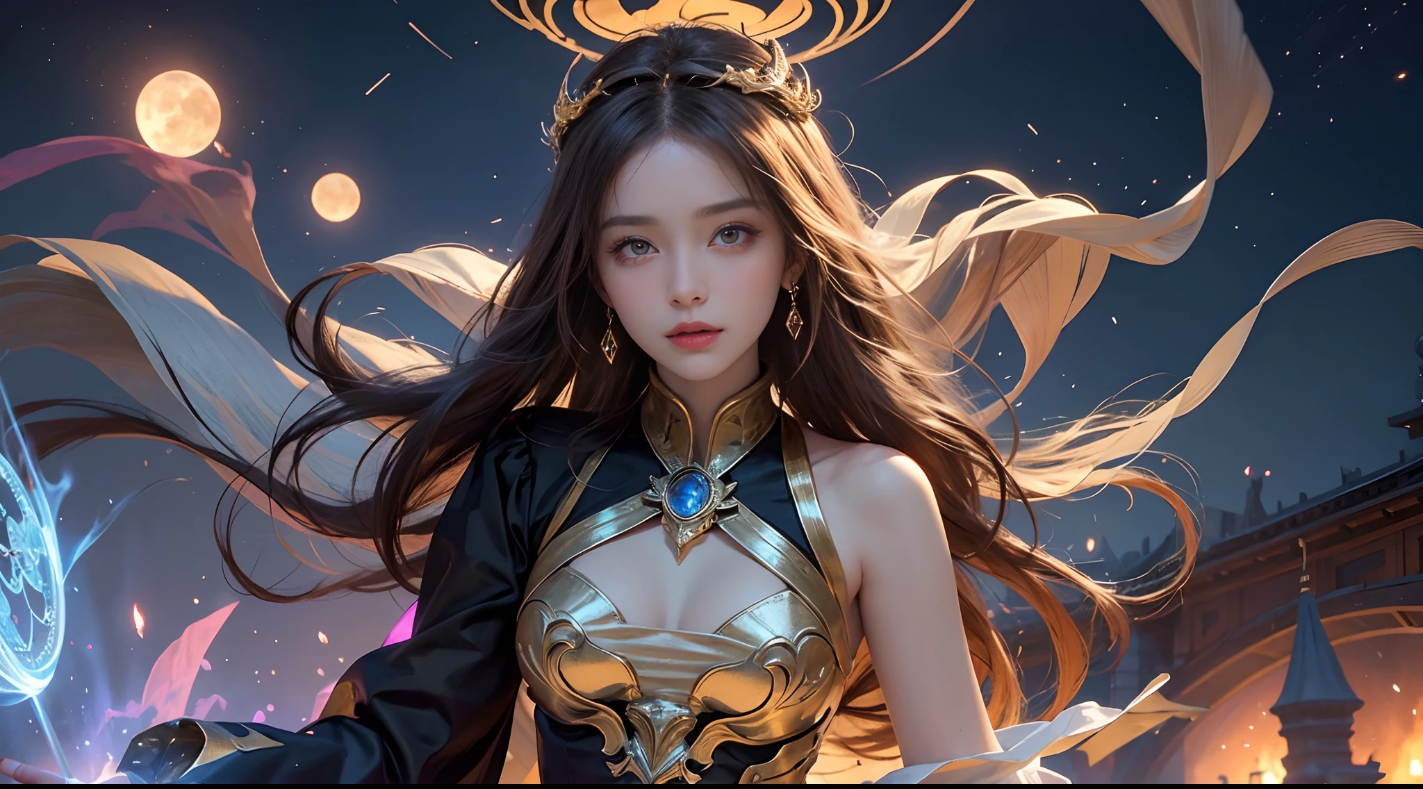 tmasterpiece,top-quality,best qualityer,offcial art,Beauty and aesthetics:1.2),(tmasterpiece:1.3), (8K, realisticlying, RAW photos, best qualtiy: 1.4), beauitful face, (photorealiscic face),超高分辨率, Ultra photo realsisim, highly detailed, the golden ratio, (with dynamism:1.3),(Saturation:1.3),illusory engine, (High detail: 1.9),(femele:1.4),(Large breasts),female mage,The background is the castle,dramatics,(magia:1.8),(Glowing scepter:1.5),Mysterious symbol