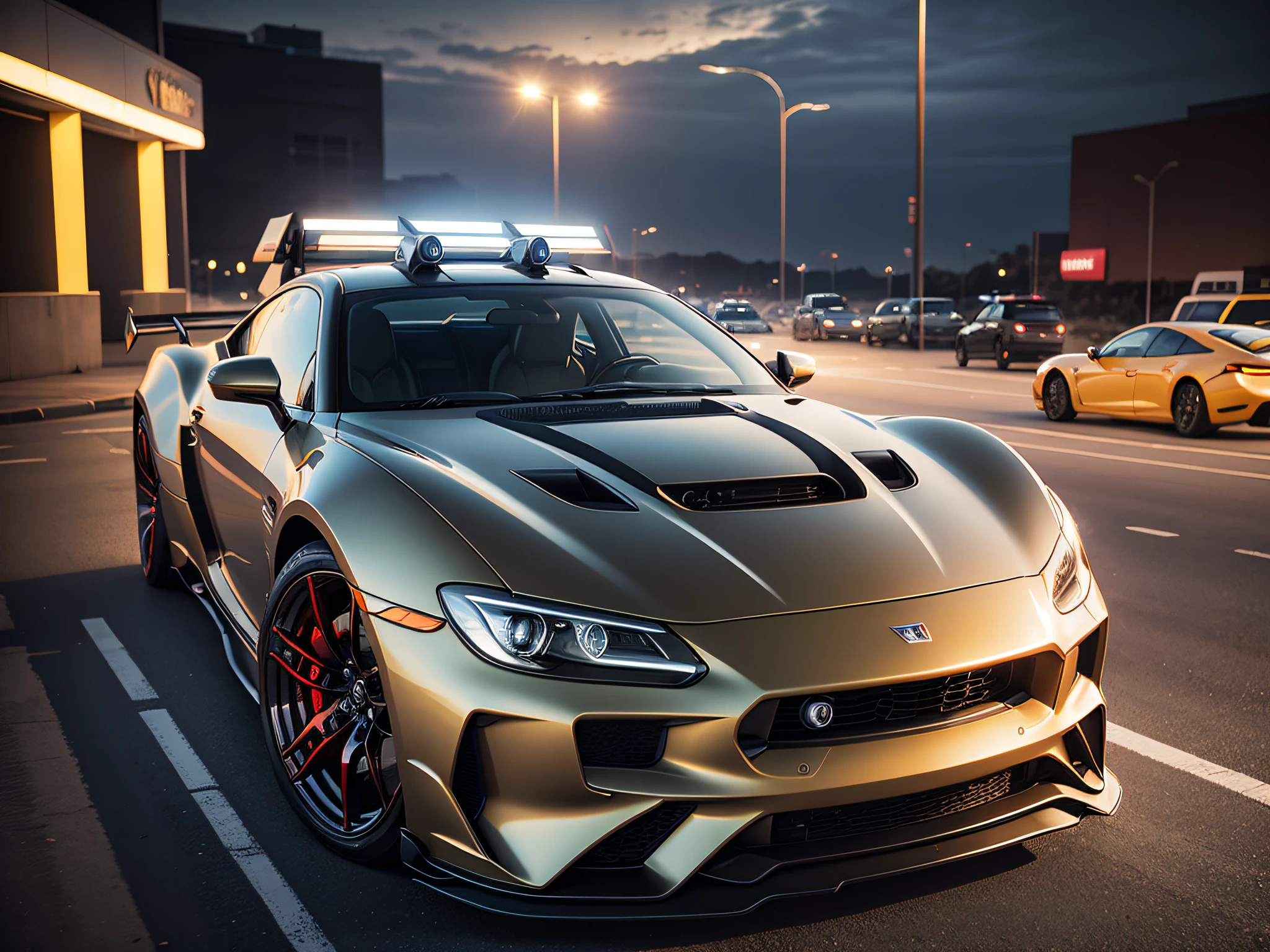 Movie car blockbuster，Car，Car advertising，Late night background，Halo，Front view，Car headlights，Brand sense，High-class light luxury，frontage，automotive photography，directly in front
