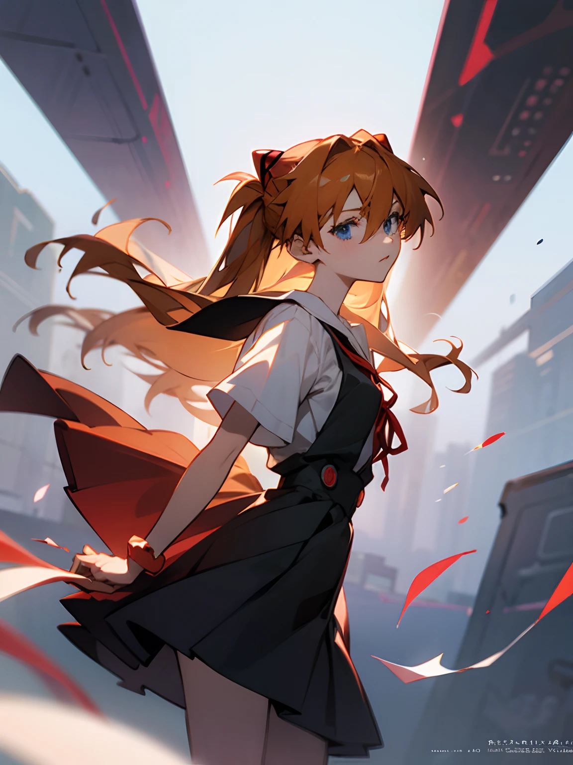 Asuka Langley Soryu,Blue eyes,hair between eyes,headware,Interface headset,Orange hair,Red ribbon、Ribbons、shcool uniform、skirts、Slip dress、Slip dress、Tokyo No. 3 Junior High School uniform、album artwork,Storytelling images