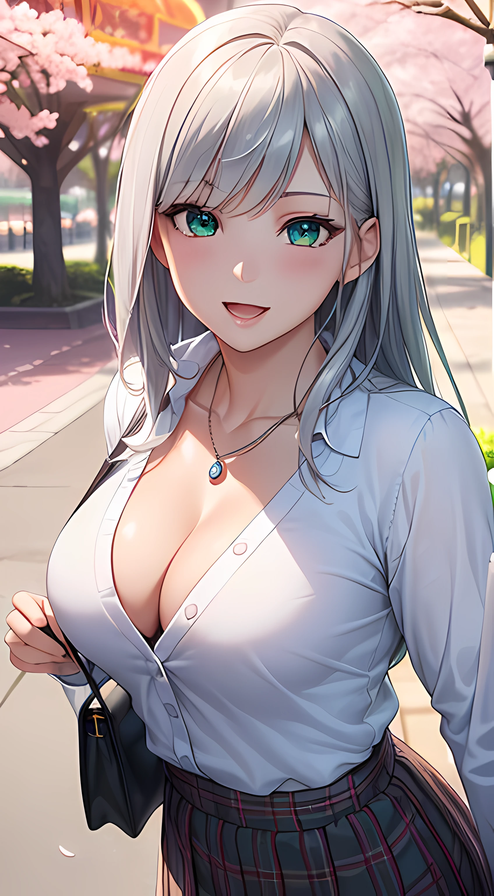((masterpiece, best quality, highres, UHD, perfect pixel, depth of field, 4k, RTX, HDR))), 1girl, single, solo, beautiful anime girl, beautiful artstyle, anime character, ((long hair, bangs, silver hair)), ((green eyes:1.4, rounded eyes, beautiful eyelashes, realistic eyes)), ((detailed face, blushing:1.2)), ((smooth texture:0.75, realistic texture:0.65, photorealistic:1.1, anime CG style)), ((medium breasts, cleavage:1.1, busty)), dynamic angle, perfect body, ((POV, dynamic pose, portrait)), ((white sweater, long sleeve, black skirt, plaid skirt, fashionable, 1handbag, 1diamond necklace, visible bra:0.95)), smile, open mouth, amusement park, ((cherry blossom tree, cherry blossoms fall))