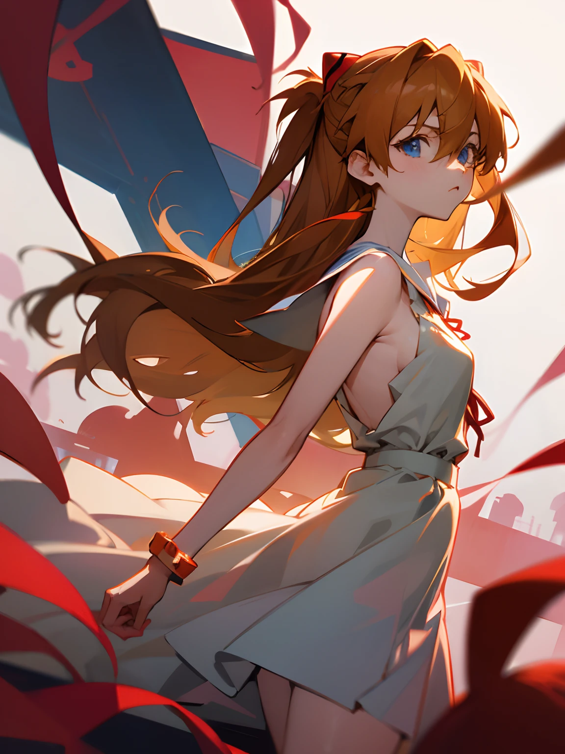 Asuka Langley Soryu，Blue eyes，hair between eyes，headware，Interface headset，Orange hair，Red ribbon、Ribbons、shcool uniform、skirts、Slip dress、Slip dress、Tokyo No. 3 Junior High School uniform、album artwork，Storytelling images