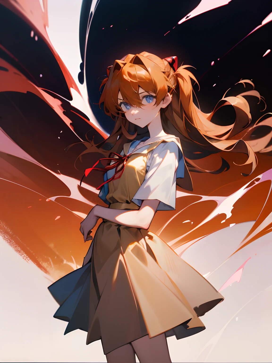 Asuka Langley Soryu，Blue eyes，hair between eyes，headware，Interface headset，Orange hair，Red ribbon、Ribbons、shcool uniform、skirts、Slip dress、Slip dress、Tokyo No. 3 Junior High School uniform、album artwork，Storytelling images