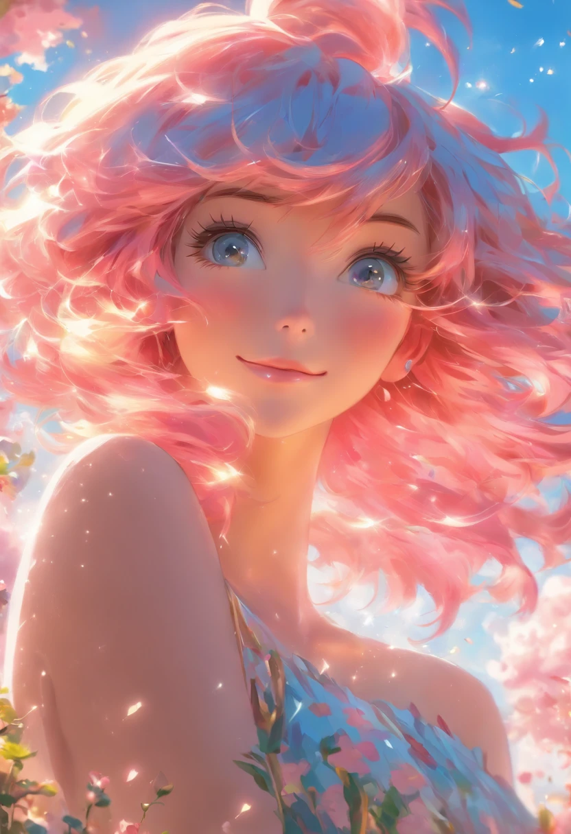 1woman with pink hair and sylk dress, straight hair, glossy hair, beautiful art uhd 4 k, outdoor, garden, beautiful character, beautiful portrait, expressive, beautiful painting,
expressive beautiful portrait, side light, blue sky