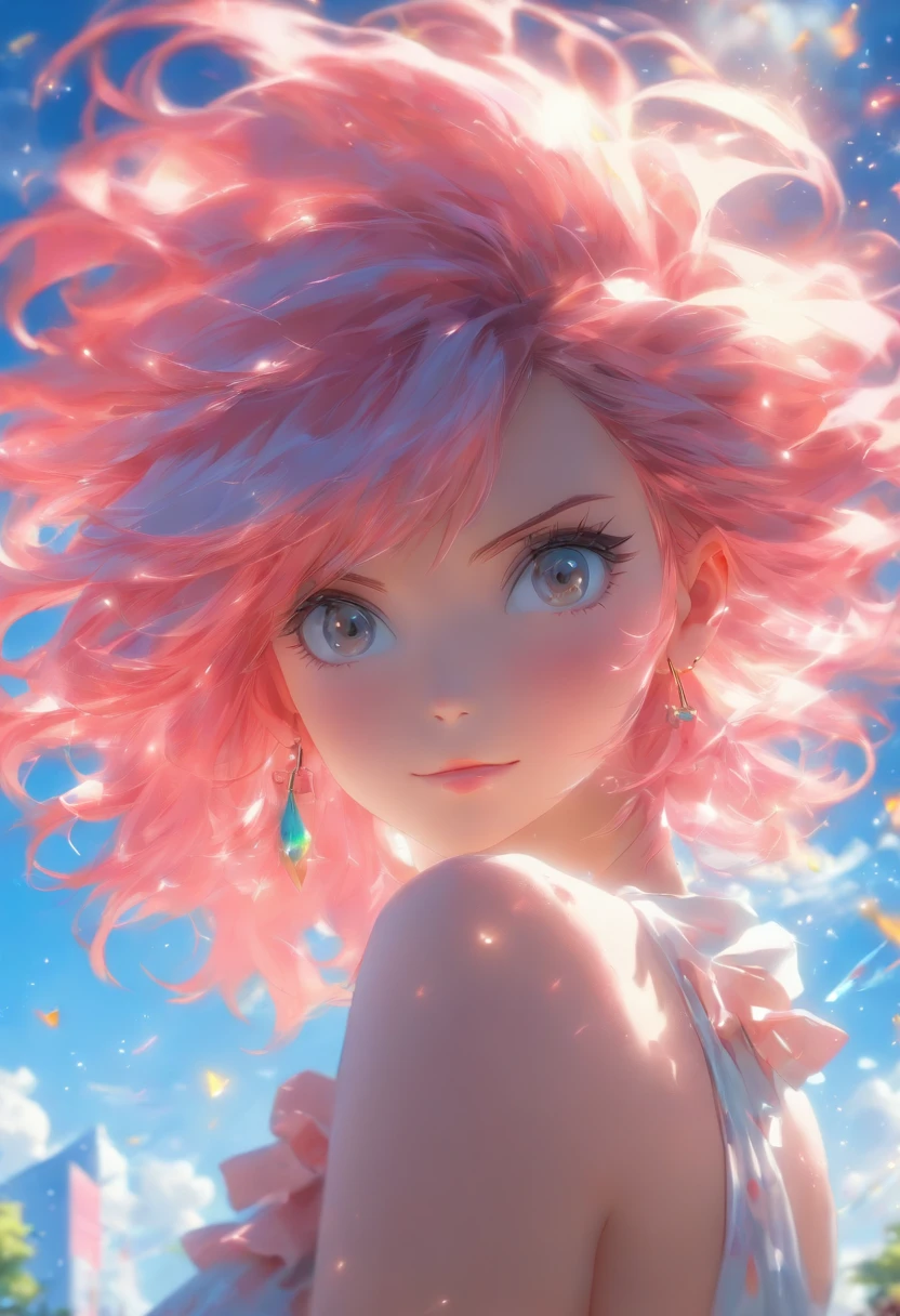 1woman with pink hair and sylk dress, straight hair, glossy hair, beautiful art uhd 4 k, outdoor, garden, beautiful character, beautiful portrait, expressive, beautiful painting,
expressive beautiful portrait, side light, blue sky