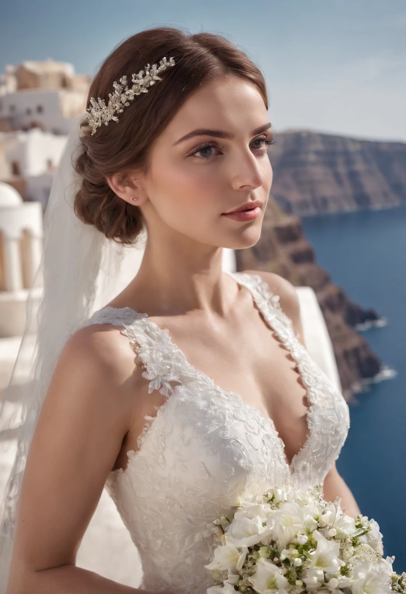 1 beautiful girl, wedding, (photorealism: 1.3) standing shot, Santorini, standing in front of (blue sea), white wedding dress, wedding decoration, masterpiece, diffused soft light, portrait, best Quality, (Perfect Face: 1.4), Hyper-realistic high details, complex realistic simulation style photos, movie lighting, studio shots, elegant poses, (upper body)