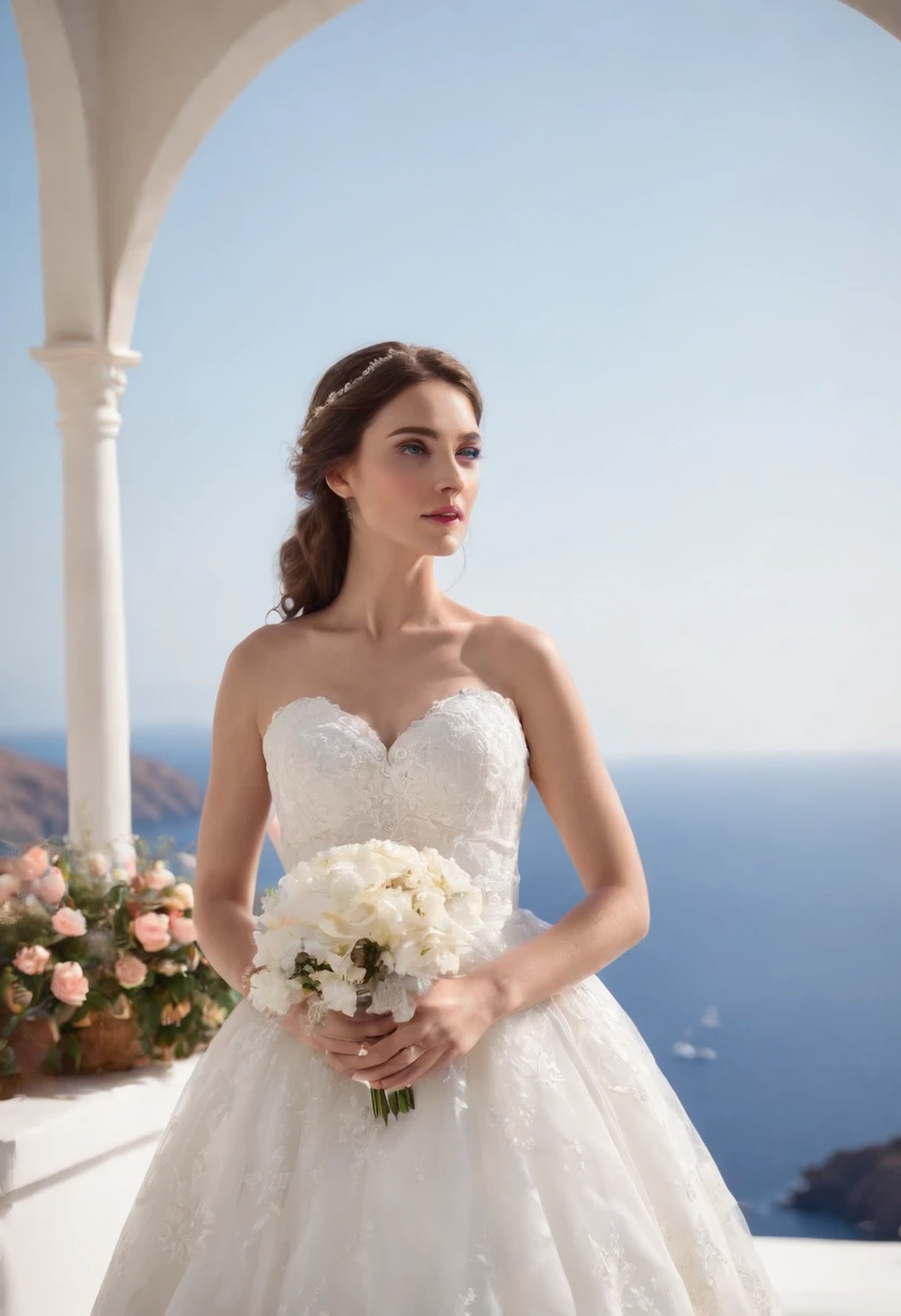 1 beautiful girl, wedding, (photorealism: 1.3) standing shot, Santorini, standing in front of (blue sea), white wedding dress, wedding decoration, masterpiece, diffused soft light, portrait, best Quality, (Perfect Face: 1.4), Hyper-realistic high details, complex realistic simulation style photos, movie lighting, studio shots, elegant poses, (upper body)