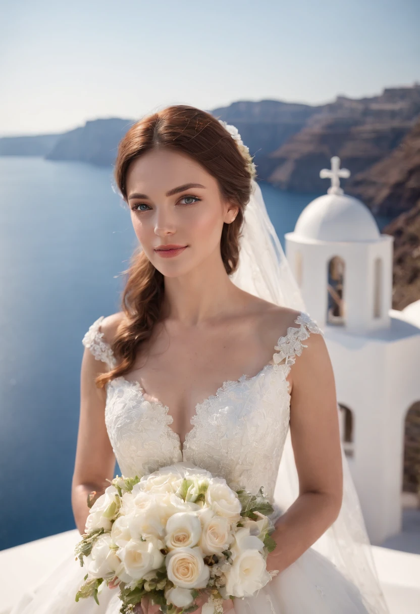 1 beautiful girl, wedding, (photorealism: 1.3) standing shot, Santorini, standing in front of (blue sea), white wedding dress, wedding decoration, masterpiece, diffused soft light, portrait, best Quality, (Perfect Face: 1.4), Hyper-realistic high details, complex realistic simulation style photos, movie lighting, studio shots, elegant poses, (upper body)