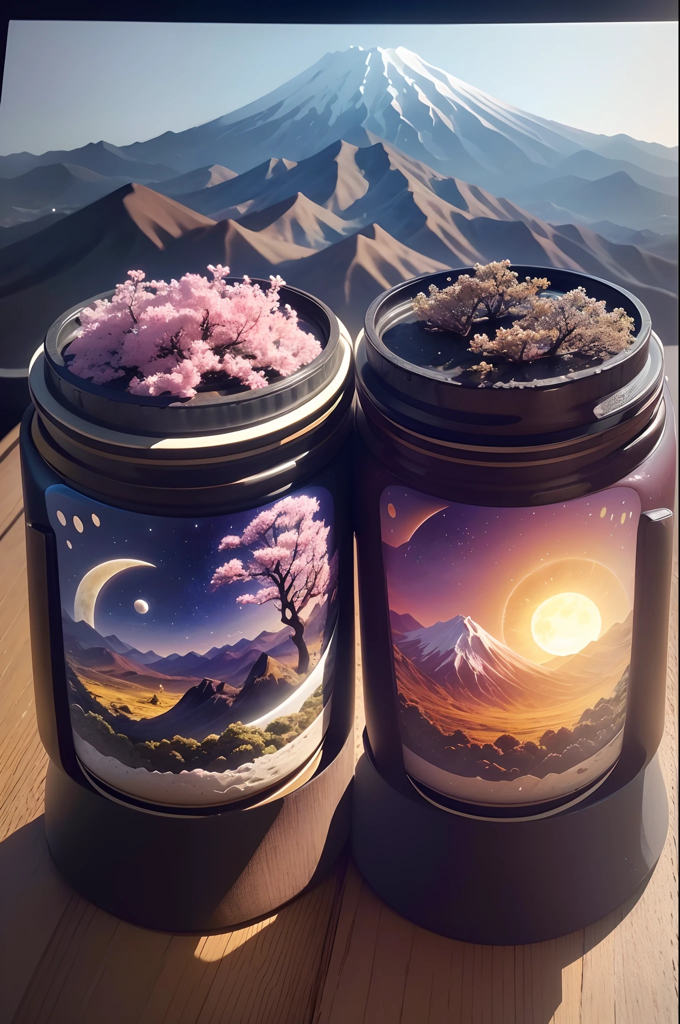 Moon Sun same, day night same, where day and night are the same day, Fuji Mountain, Mountains, Sakura Flower, Photo Manipulation, (best quality,4k,8k,highres,masterpiece:1.2),ultra-detailed,(realistic,photorealistic,photo-realistic:1.37)