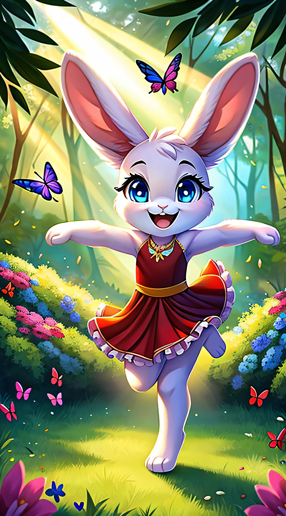 zoomed out image, fantasy style art, cute, adorable, short, tiny, little fluffy female white bunny with blue eyes, 2 extra ears, 4 ears, big floppy ears, long ears, ears perked up, raised ears, long eyelashes, poofy rabbit tail, smiling, standing on two hind feet, standing in a forest, wearing a red frilly dress, big expressive smile, open mouth, wide eyes, excited eyes, excited face, stunning visuals, sunlight coming through the trees, colorful flowers scattered in the bushes, colorful butterflies flying around, digital illustration