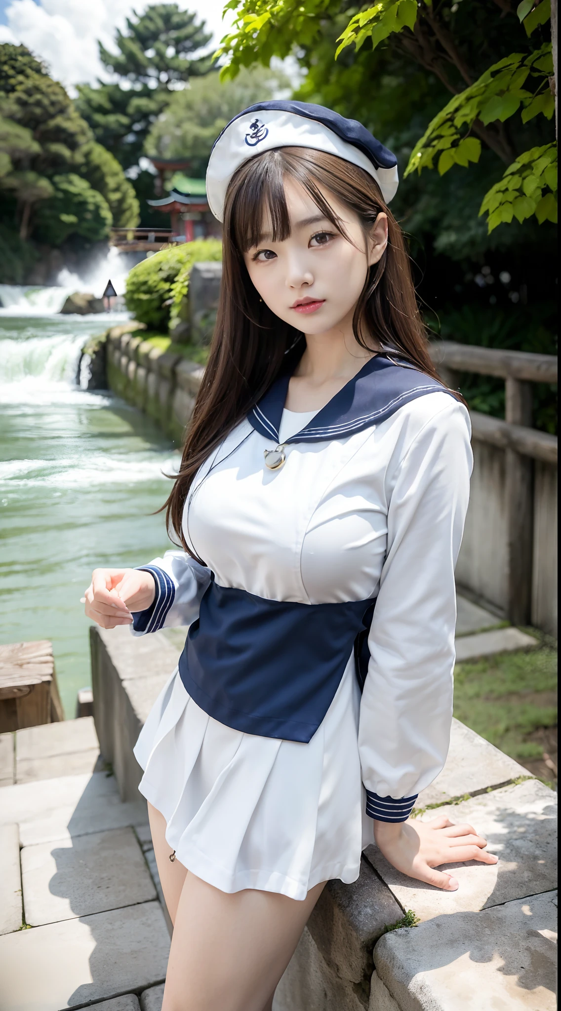 mix4, (16 K, Raw photography, Top image quality, masterpiece: 1.45), (realisitic, Photorealsitic: 1.37), one girls, 7.5, etc、Random hairstyle、Standing figure,Noon time slot、a very cute, Precincts of the shrine,, profetional lighting, photon maping, a park、physically-based renderingt, Gradient dark brown hair,, a handsome, Well-groomed and beautiful eyes、Large double eyelids、Very shiny、girl with, (((White long sleeve sailor suit worn by Japan high school girl、Dark blue collar、Dark blue mini skirt, Small gray beret、Dark blue knee-high socks、Black loafers))), Top Quality Photos, hight resolution, 1080p, (clearface), (Detailed face description), (Detailed hand description), (masterpiece), (Exquisite CG)、extreme light and shadows、dishevled hair、master work、abundant detail、(Fine facial features)、(top quality photo)、(masuter piece)、(A detailed eye)、Look in front of you、Fine clavicle、((Slender big))、(((Japan girl in long-sleeved sailor suit:0.7)))、((Ready Idol System))、((Precincts of the shrine、torii gate、Rushing water、Komainu))、(Shooting from random perspectives)、(((neat and cute)))、耳Nipple Ring、A big smile、Drawing the whole body from the knees、Do not draw nasolabial folds、(((Long-sleeved sailor suit)))、(Big breasts that hang down big:1.2)、Big buttocks with tension、Two arms and two legs、(((from the front side:0.7)))、bare hand、No mask、