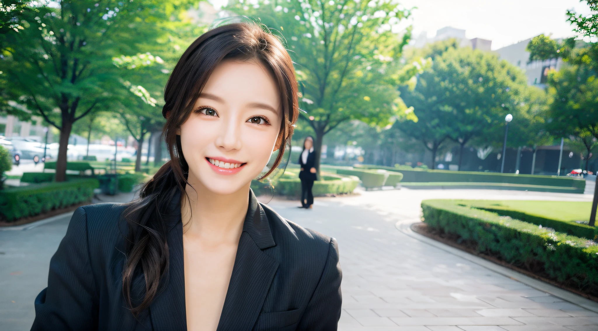 a park、face forcus、Beautiful woman,　Business suits、a picture、A detailed face、Detailed lips、A detailed eye、a smile