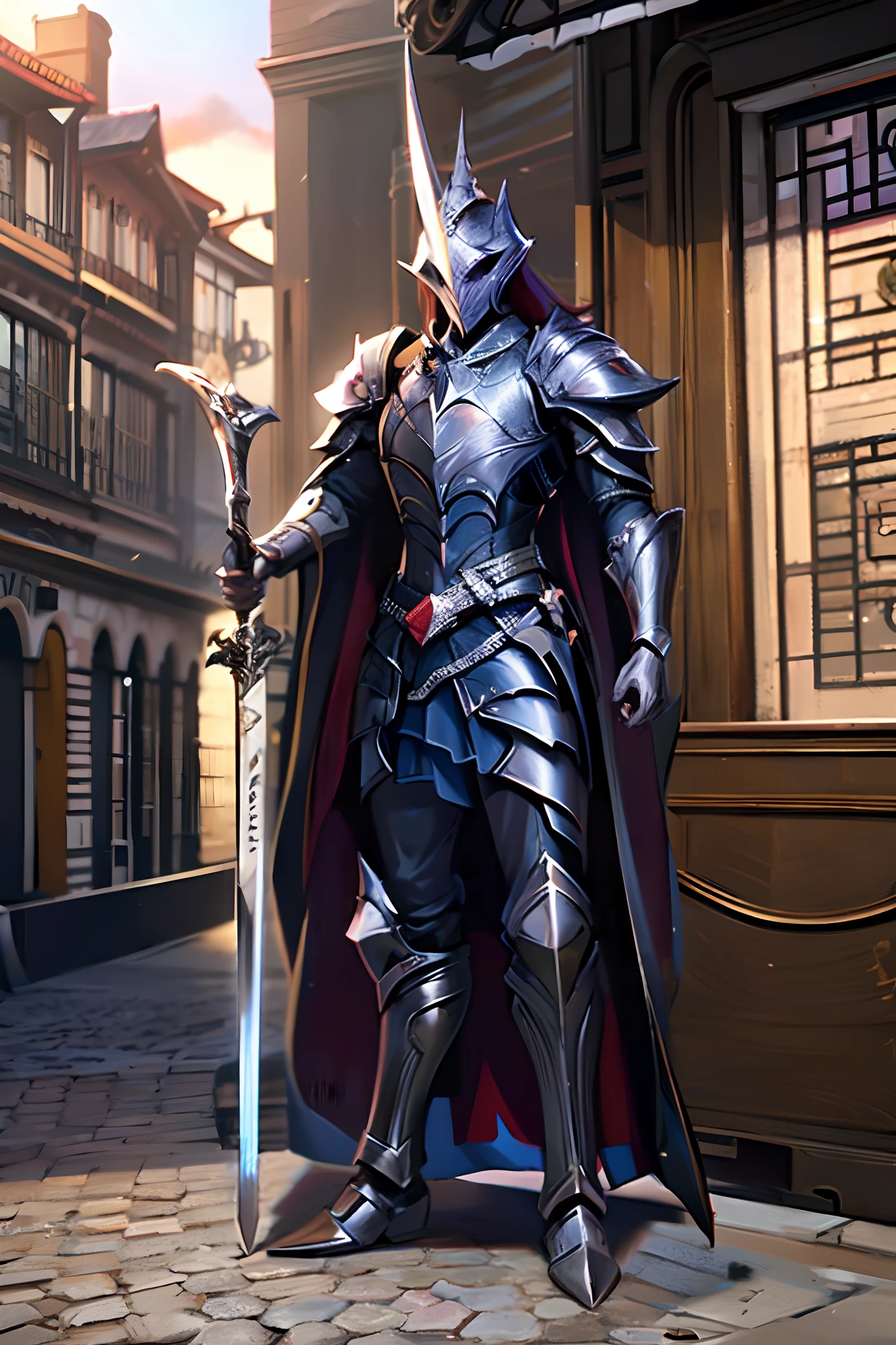 Anime character with sword standing in front of a building, fallen knight, de Arcavalos, gothic knight, cavaleiro do mal, O estilo do WLOP, cavaleiro da fantasia, cavalo, imperador real, cavaleiro das almas das trevas, armadura banhada off-white, usando armadura pesada com capa, black heavy armor with gold trim, arte cg anime suave, ARTORIAS, Espada Brilhante