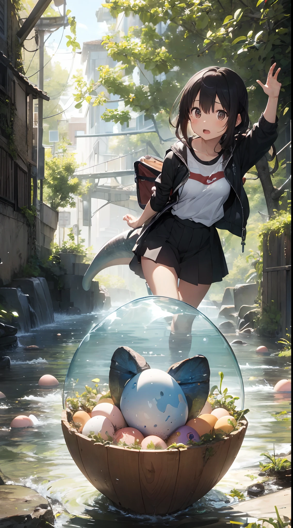 Big medaka, water sphere, big medaka in water, thick eyebrows, (huge backpack: 1.5), (dark skin: 1.3), brown skin, movie lighting, small, rabbit ears, (master master masterpiece), ((highest quality)), (super detailed), shiny skin, full body anime girl, clean and detailed anime face, high resolution anime eyes, five fingers, textile shading, Perfect human structure, perfect anatomy,