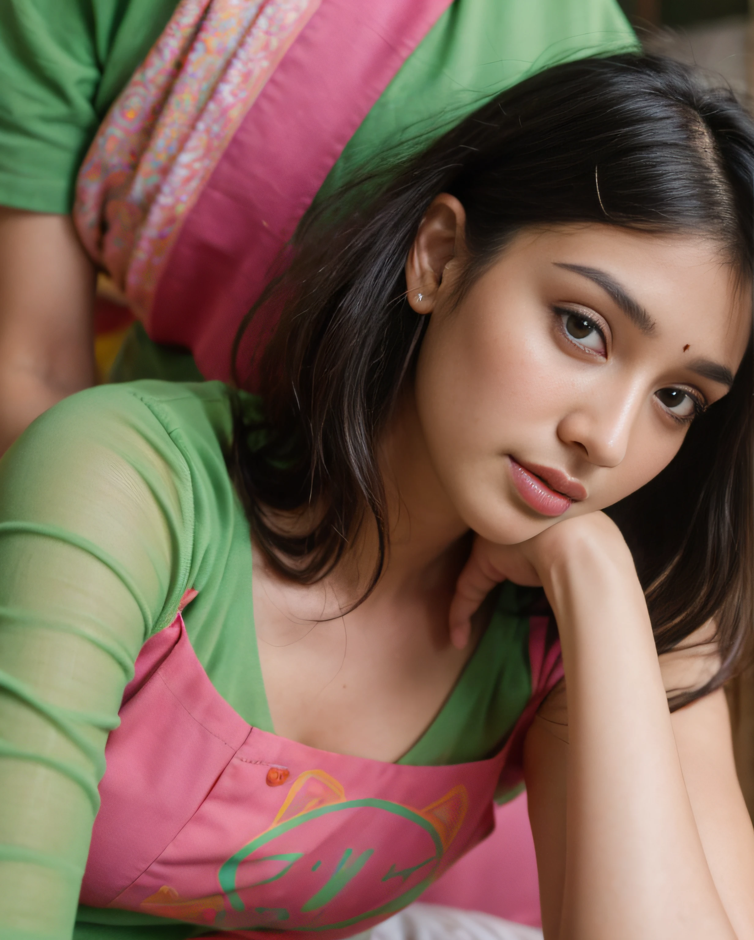a close up of a woman with a green shirt and a pink shirt, very beautiful girl, cute beautiful, with cute - fine - face, indian model aesthetic, indian, 3 0 years old woman, 30 years old woman, 2 , photo taken in 2 0 2 0, profile image, attractive girl, 2 2 years old face cute face