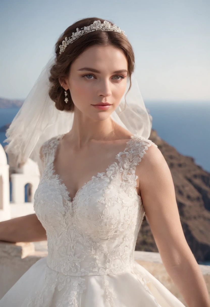 1 beautiful girl, wedding, (photorealism: 1.3) standing shot, Santorini, standing in front of (blue sea), white wedding dress, wedding decoration, masterpiece, diffused soft light, portrait, best Quality, (Perfect Face: 1.4), Hyper-realistic high details, complex realistic simulation style photos, movie lighting, studio shots, elegant poses, (upper body)