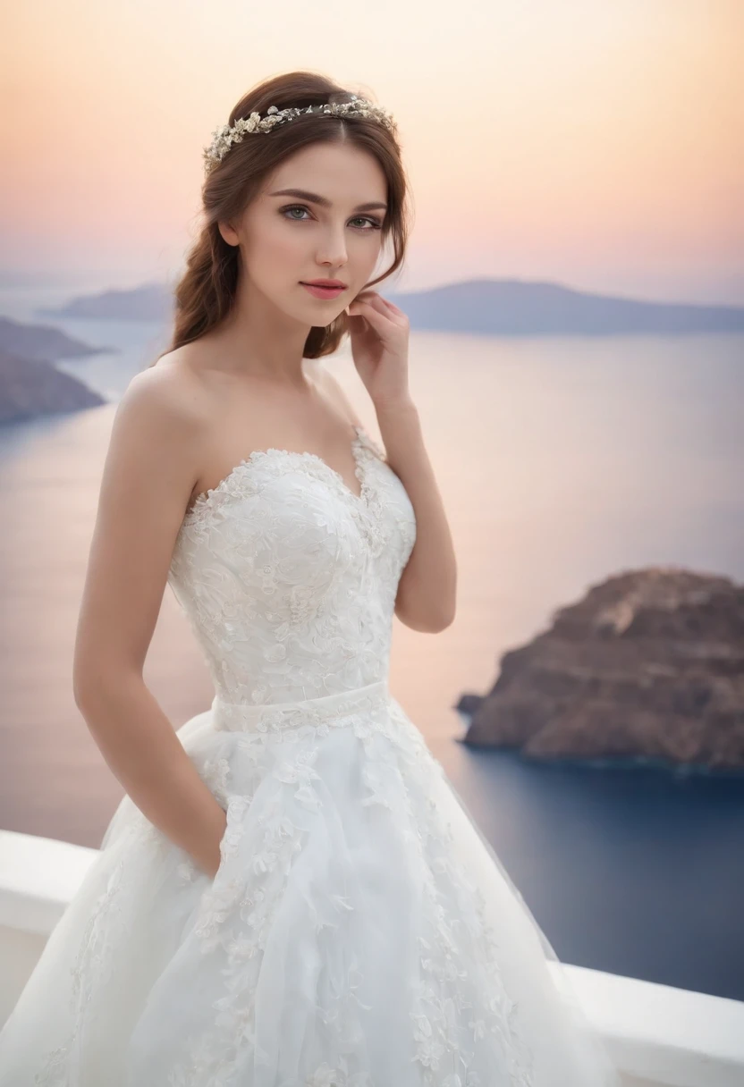 1 beautiful girl, wedding, (photorealism: 1.3) standing shot, Santorini, standing in front of (blue sea), white wedding dress, wedding decoration, masterpiece, diffused soft light, portrait, best Quality, (Perfect Face: 1.4), Hyper-realistic high details, complex realistic simulation style photos, movie lighting, studio shots, elegant poses, (upper body)