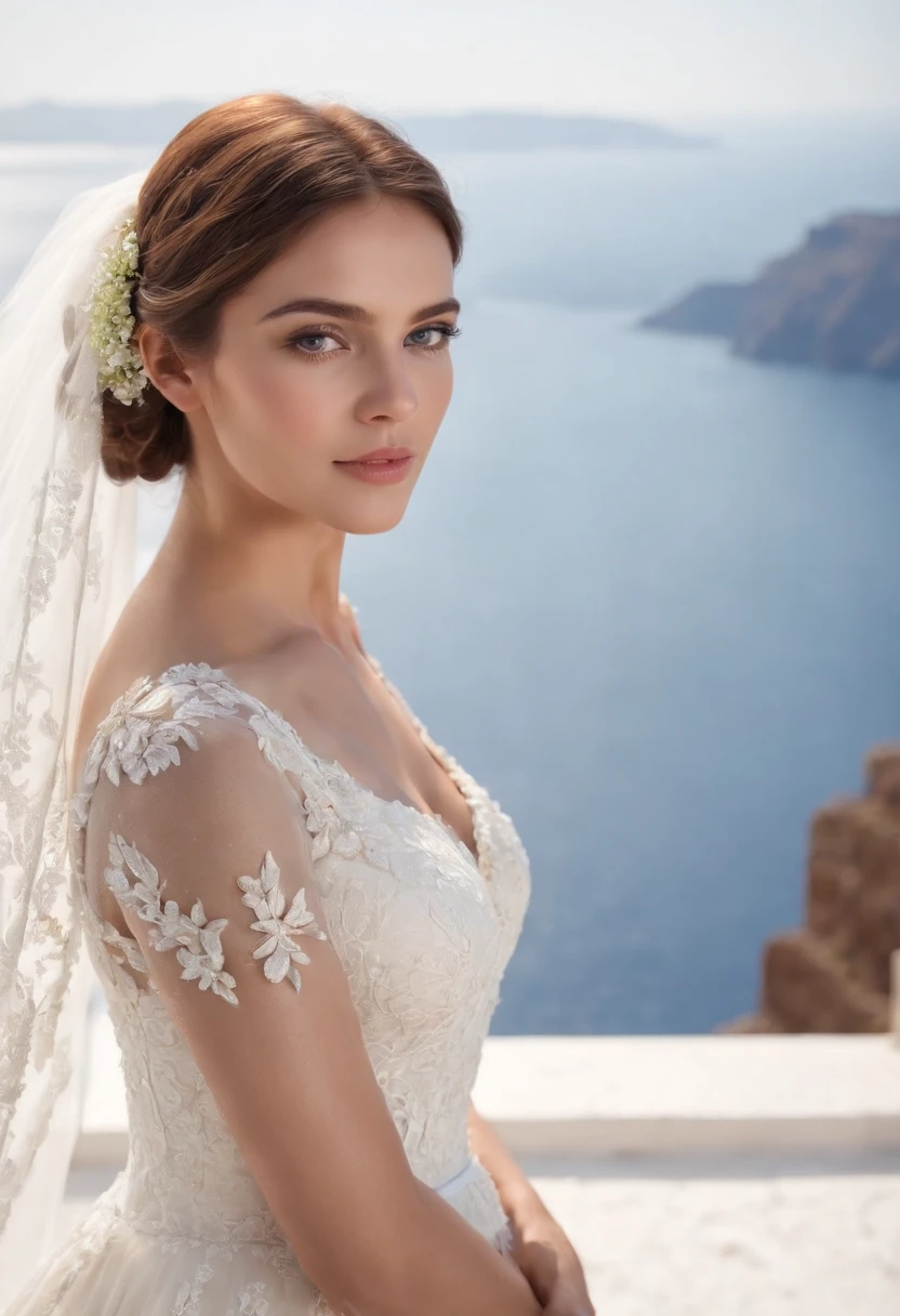 1 beautiful girl, (Reality: 1.3) Santorini, in front of (blue sea), white wedding dress, wedding decoration, masterpiece, diffuse soft light, (portrait), best quality, (perfect face Part: 1.4), hyper-realistic high details, complex realistic simulation style photos, movie lighting, elegant poses, (medium close-up)
