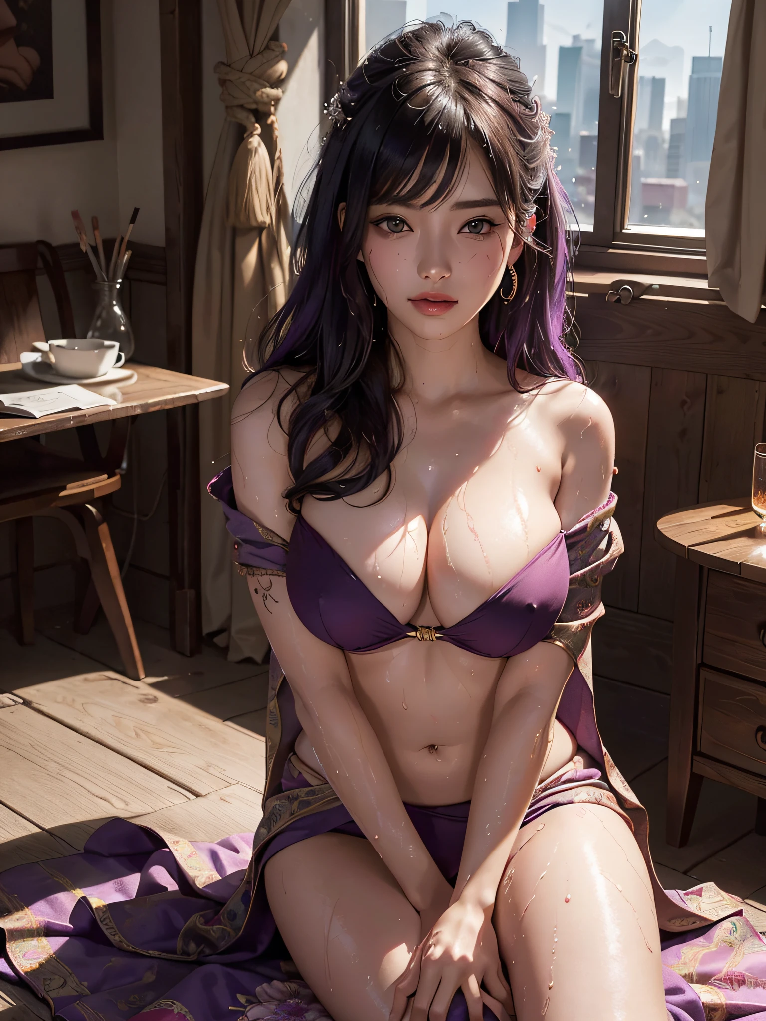 8k、RAW Photography、top-quality、masterpiece:1.2)、(realisitic、photoRealstic:1.37)、1girl in、Nepali、25-years old、femele、(deep in the night)、sunlights、a room、Daytime cityscape seen from the window、Studio Lighting、face lights、photon maping、Radio City、Purple hair、A detailed face、detailed lips、A detailed eye、More skin、二重まぶた、(Huge round:1.3)、((Exposure))、(Sally and blouse、Nepal)、(Saree)、(Wearing a saree)、((no brassiere)))、Exposed cleavage、exposed shoulder、Thigh exposure、(camel's toe)、perfectbody、shinny skin、(Body wet with sweat:1.2)、smirking face、((sitting on))、Make eye contact with the camera、Lens blur for background camera、depth of fields、35 m、ultra-detailliert、ultra-quality、flawless、Anime tattoo on right hand、((Vintage style photography)),hands on boobs,,((NSFW 1:1)) Waiting to start