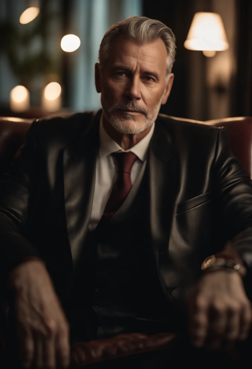 portrait of a handsome 60-year-old man, well dressed, sitting in a leather chair, no beard, no mustache, looking at viewer, night lights, city lights, moonlight, night4k, Fujifilm XT3, 8k, max result, photographed on a Kodak, Award-winning photograph, (ultra realistic:1.5), (best quality:1.5), photorealistic, detailed skin texture, masterpiece, (photorealistic:1.4), Raw Photo,  perfect shading, realism, photography, detailed face texture, detailed lip texture, detail ear, detail eye,  depth of field,