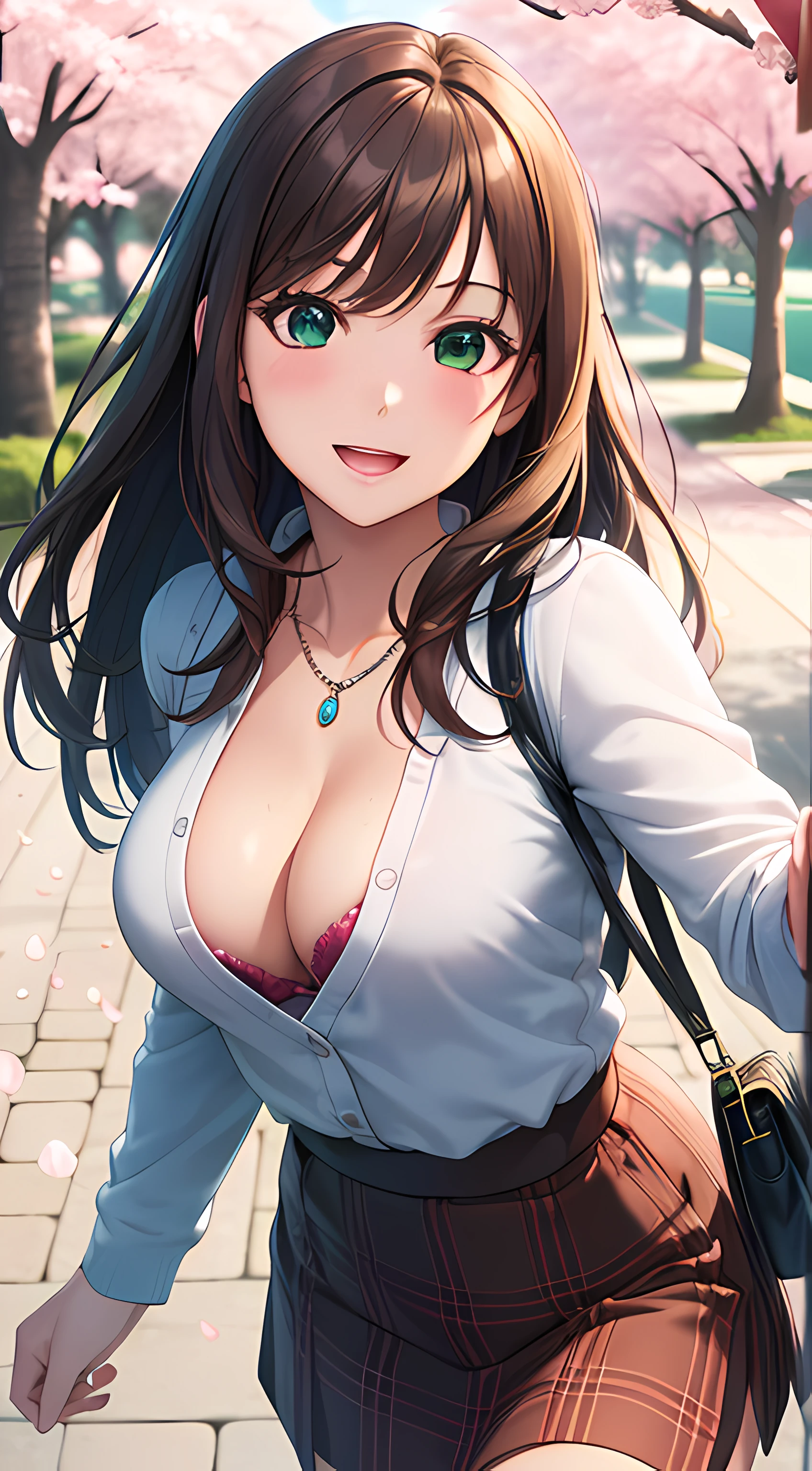 ((masterpiece, best quality, highres, UHD, perfect pixel, depth of field, 4k, RTX, HDR))), 1girl, single, solo, beautiful anime girl, beautiful artstyle, anime character, ((long hair, bangs, brown hair)), ((green eyes:1.4, rounded eyes, beautiful eyelashes, realistic eyes)), ((detailed face, blushing:1.2)), ((smooth texture:0.75, realistic texture:0.65, photorealistic:1.1, anime CG style)), ((medium breasts, cleavage:1.1, busty)), dynamic angle, perfect body, ((POV, dynamic pose, portrait)), ((white sweater, long sleeve, black skirt, plaid skirt, fashionable, 1handbag, 1diamond necklace, visible bra:0.95)), smile, open mouth, amusement park, ((cherry blossom tree, cherry blossoms fall))