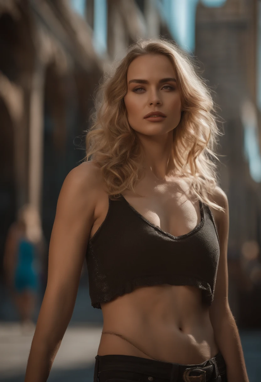 gorgeous woman with extra long wavy blonde hair, detailed alluring eyes, long sexy legs, wearing tiny shorts, t-shirt, ((detailed facial features)), (finely detailed skin), pale skin, realistic skin texture, extreme skin details, (pores:0.1), in the background beautiful futuristic cyberpunk city, best quality masterpiece, photorealistic, hyperrealistic, detailed, 8k, HDR, (Soft color: 1.2), shallow depth of field, broad light, high contrast, backlighting, bloom, light sparkles, chromatic aberration, sharp focus, RAW color photo