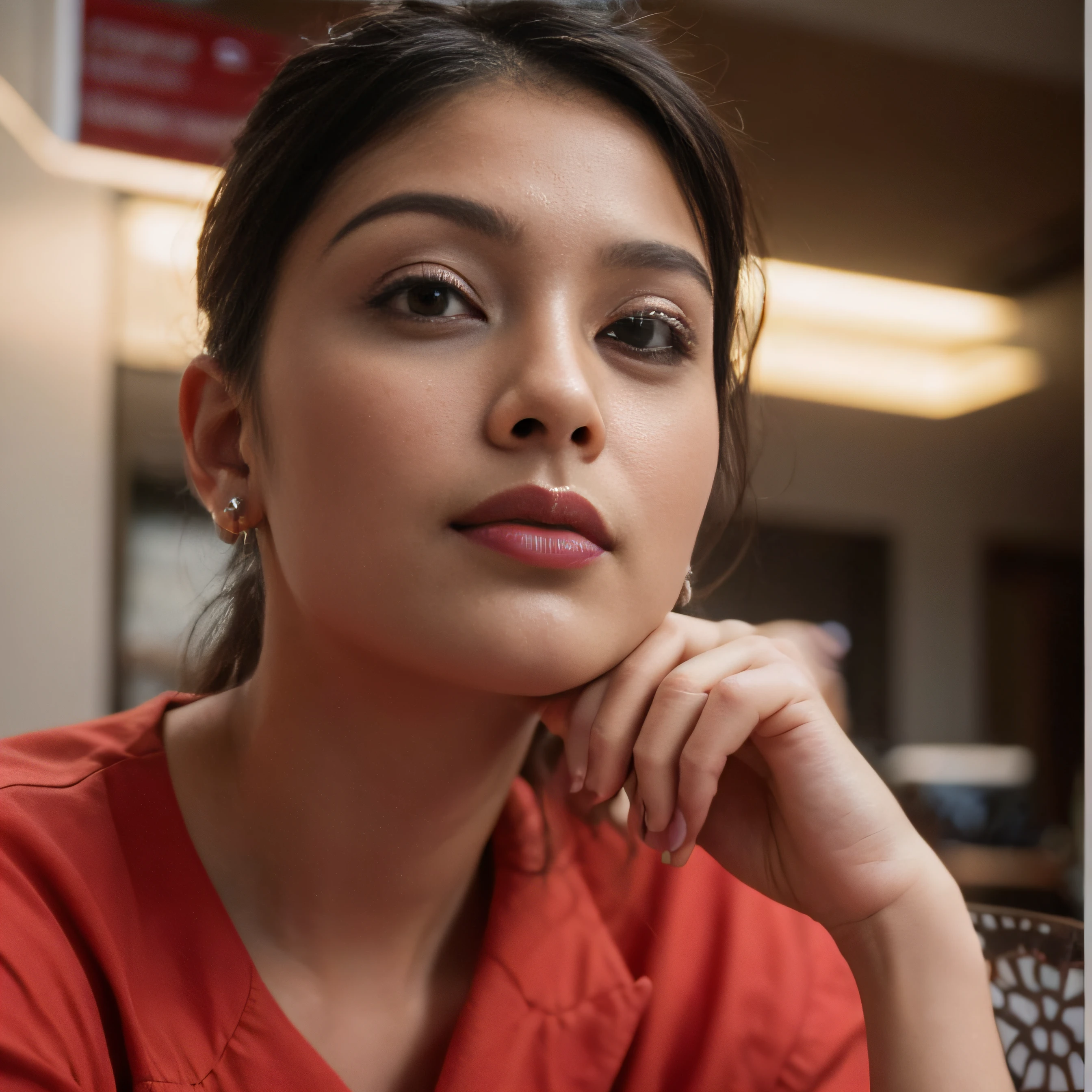 a close up of a woman with a red shirt and a pink shirt, very beautiful girl, cute beautiful, with cute - fine - face, indian model aesthetic, indian, 3 0 years old woman, 30 years old woman, 2 , photo taken in 2 0 2 0, profile image, attractive girl, 2 2 years old face cute face, dark orange lips, ((film grain, skin details, high detailed skin texture, 8k hdr, dslr)), photography taken by sony DSLR, Hd image