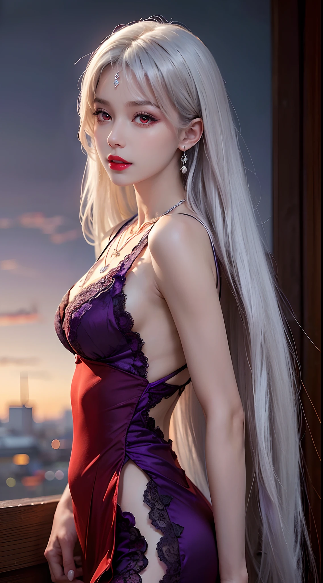 A beautiful and sexy 20 year old girl, ((wearing a super thin red dress:1.4)), a diamond dress, ((long platinum hair:1.6)), bangs, bridge jewelry period made from gems and beautiful hair, ((wearing a purple lace necklace:1.6))), the girl's noble, noble style is extremely beautiful, her small face is super cute, her face is very pretty pretty, thin eyebrows, beautiful face without flaws, ((student black eyes: 0.8)), very beautiful eyes, ((light red eyes: 1.5)), nice makeup and little eyelashes details, wet eye makeup, high nose, earrings, red lips, ((closed mouth: 1;5 )) beautiful lips, slim hands, most beautiful thighs, ((arms spread out to the sides: 1.5)), rosy face, clean face, flawless beautiful face, smooth white skin, (big breasts: 1.5)), ((high breasts: 1.6) ), plump breasts, beautiful cleavage, ((big and super breasts round: 1.8))), ((super tight breasts: 1.5)) , beautiful breasts, back arms, beautiful girl's upper body, chest out, 8k photo, super high quality, super realistic, 10x super pixel, optical, dark studio, light edges, two-tone lighting, (high-detail skin:1.2), super 8k, soft lighting, high quality, volumetric lighting, realistic, Photo, high resolution, lighting bright, best photo, 4k, 8k quality, blur effect, Smooth sharp, 10 x pixels, (galaxy: 1.7), aurora, lightning, surreal graphics, most realistic graphics, one me, solo, Extremely sharp, surreal image, ( ((frontal portrait: 1.3)))."