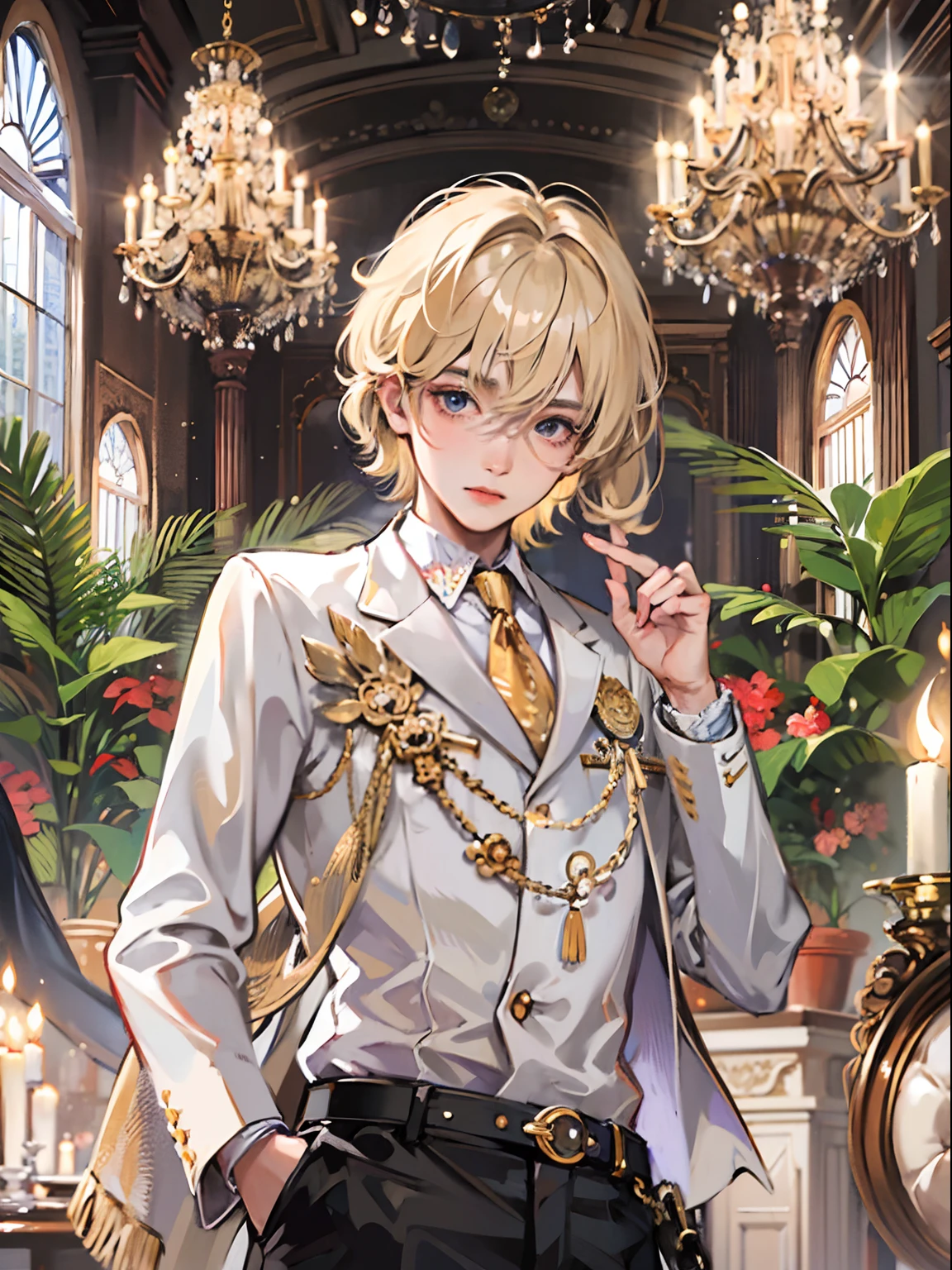 1boy, only、(Man's :2),(bobhair:1.5)、a blond、Naked tuxedo、Inside the Western-style building、Luxurious chandeliers、Vibrant lighting、hightquality、masutepiece,8K,hight resolution、