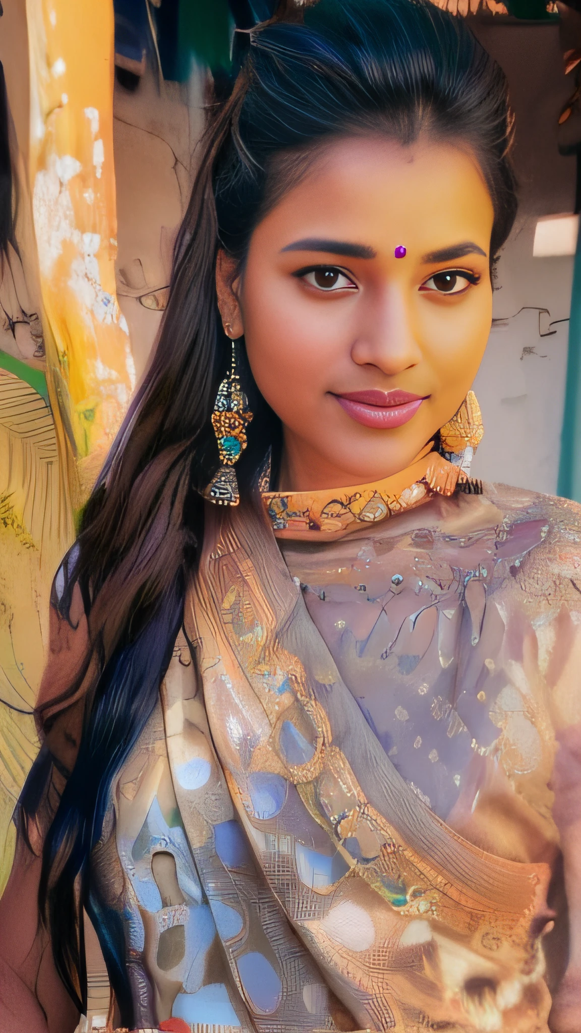 a close up of a woman wearing a sari and earrings, with lovely look, very beautiful girl, srilanka female aesthetic, traditional beauty, srilanka model, with accurate face, very very very beautifull face, beutifull, very very low quality picture, a beautiful young woman, with a beautifull smile, with kind face, candid picture, beutiful face, ((film grain, skin details, high detailed skin texture, 8k hdr, dslr)), photography taken by sony DSLR, Hd image