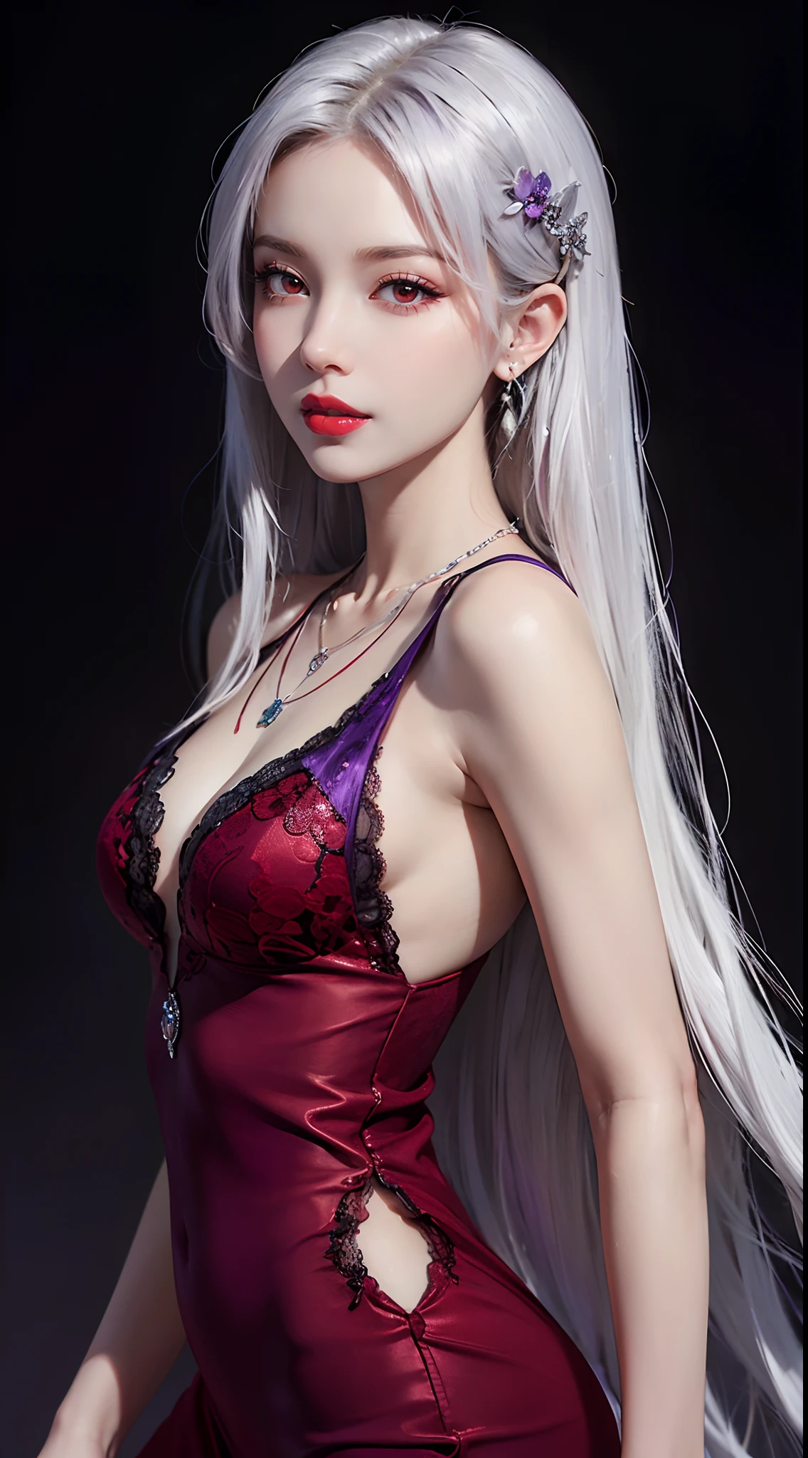 A beautiful and sexy 20 year old girl, ((wearing a super thin red dress:1.4)), a diamond dress, ((long platinum hair:1.6)), bangs, bridge jewelry period made from gems and beautiful hair, ((wearing a purple lace necklace:1.6))), the girl's noble, noble style is extremely beautiful, her small face is super cute, her face is very pretty pretty, thin eyebrows, beautiful face without flaws, ((student black eyes: 0.8)), very beautiful eyes, ((light red eyes: 1.5)), nice makeup and little eyelashes details, wet eye makeup, high nose, earrings, red lips, ((closed mouth: 1;5 )) beautiful lips, slim hands, most beautiful thighs, ((arms spread out to the sides: 1.5)), rosy face, clean face, flawless beautiful face, smooth white skin, (big breasts: 1.5)), ((high breasts: 1.6) ), plump breasts, beautiful cleavage, ((big and super breasts round: 1.8))), ((super tight breasts: 1.5)) , beautiful breasts, back arms, beautiful girl's upper body, chest out, 8k photo, super high quality, super realistic, 10x super pixel, optical, dark studio, light edges, two-tone lighting, (high-detail skin:1.2), super 8k, soft lighting, high quality, volumetric lighting, realistic, Photo, high resolution, lighting bright, best photo, 4k, 8k quality, blur effect, Smooth sharp, 10 x pixels, (galaxy: 1.7), aurora, lightning, surreal graphics, most realistic graphics, one me, solo, Extremely sharp, surreal image, ( ((frontal portrait: 1.3)))."