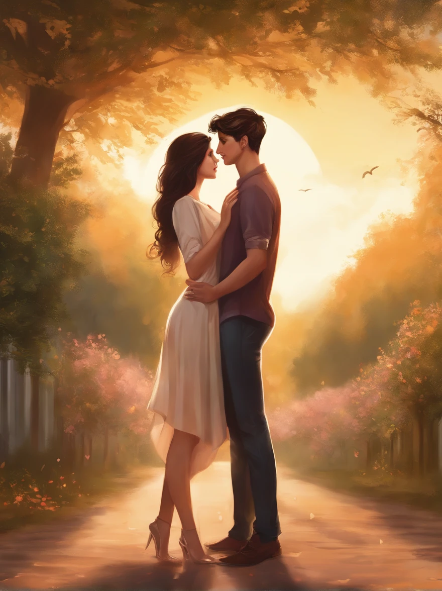 Masterpiece, Best quality, {Best quality}, {{Masterpiece}}, {A high resolution}, {{{field field}}, extremely detailed couple, illustration, couple, 1boys, 1girll, couple, Love, Love, Romantic, Sharp focus, Male focus, female focus, Black hair, Violet eyes, Sun, Sunlight, Lifting, Surprised, envy, Orange sky, tee shirt, men's leisure clothes, Expressionless, women's fashion