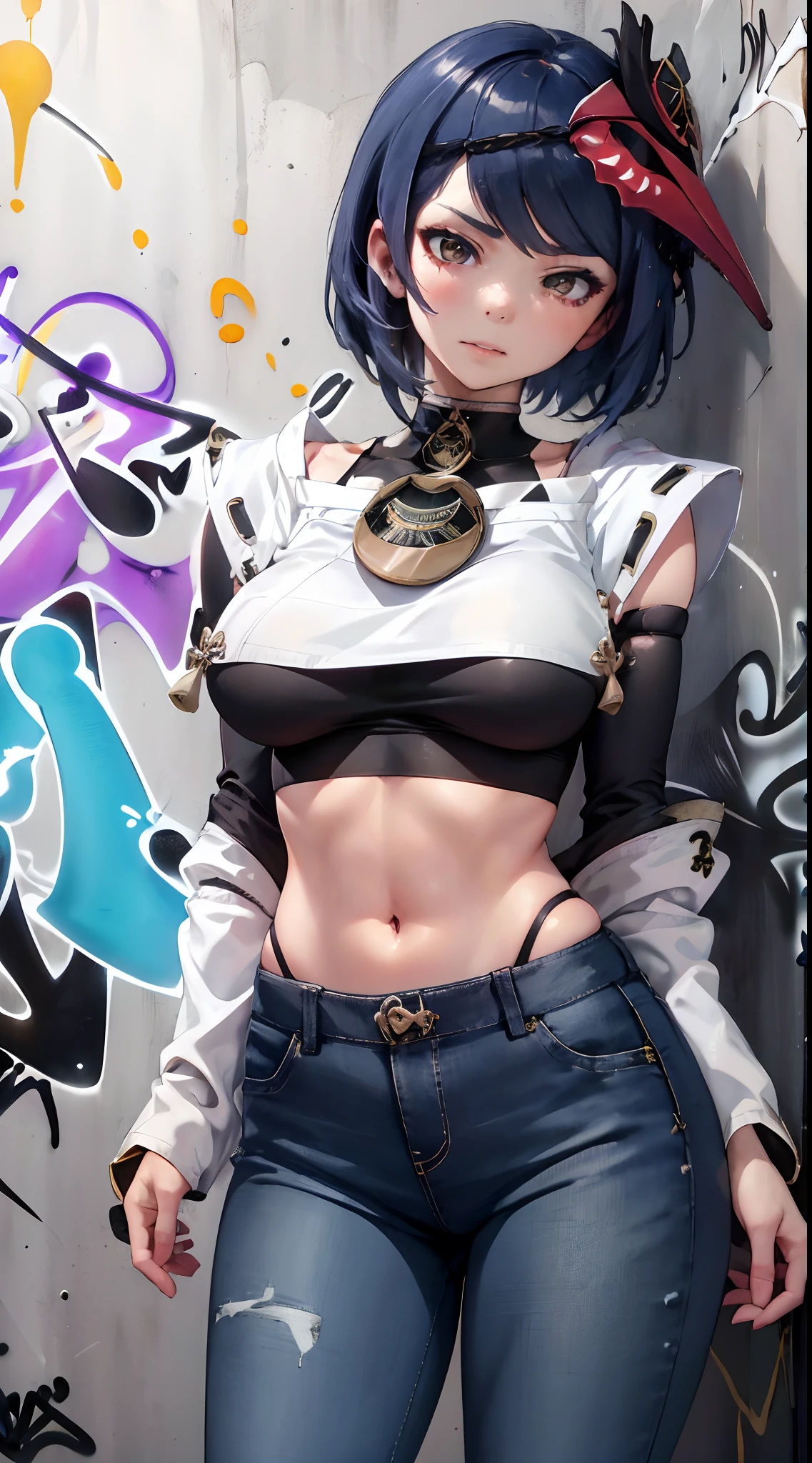 Kujou Sara Genshin Effect, masterpiece, bestquality, 1girls, oversized breasts, bara, crop top, Long Jeans, choker, (Graffiti:1.5), Splash with purple lightning pattern., arm behind back, against wall, View viewers from the front., Thigh strap, Head tilt, bored, Ponytail, water eyes,