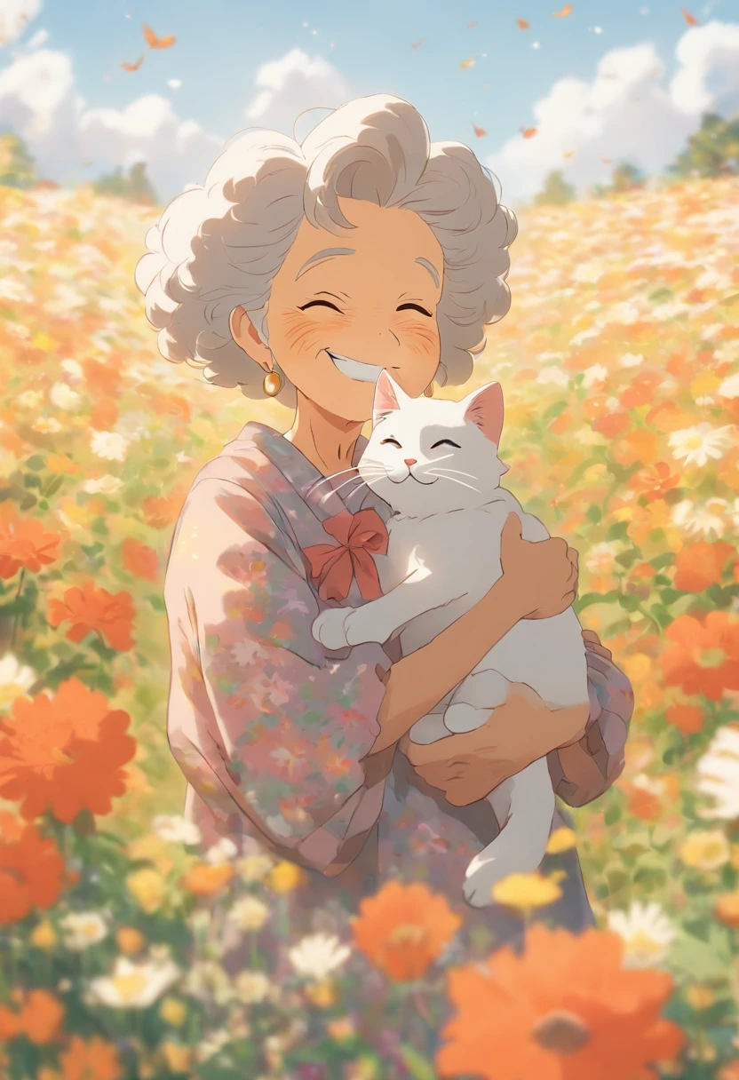 Grandma holding the cat all the time, blooming flower field, Light smile, Warren Sack 127mm F/4.7 Ektar