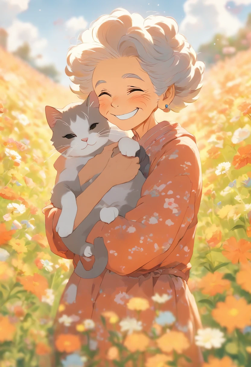 Grandma holding the cat all the time, blooming flower field, Light smile, Warren Sack 127mm F/4.7 Ektar