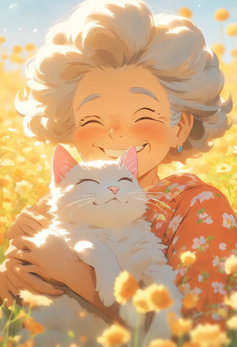 Grandma holding the cat all the time, blooming flower field, Light smile, Warren Sack 127mm F/4.7 Ektar