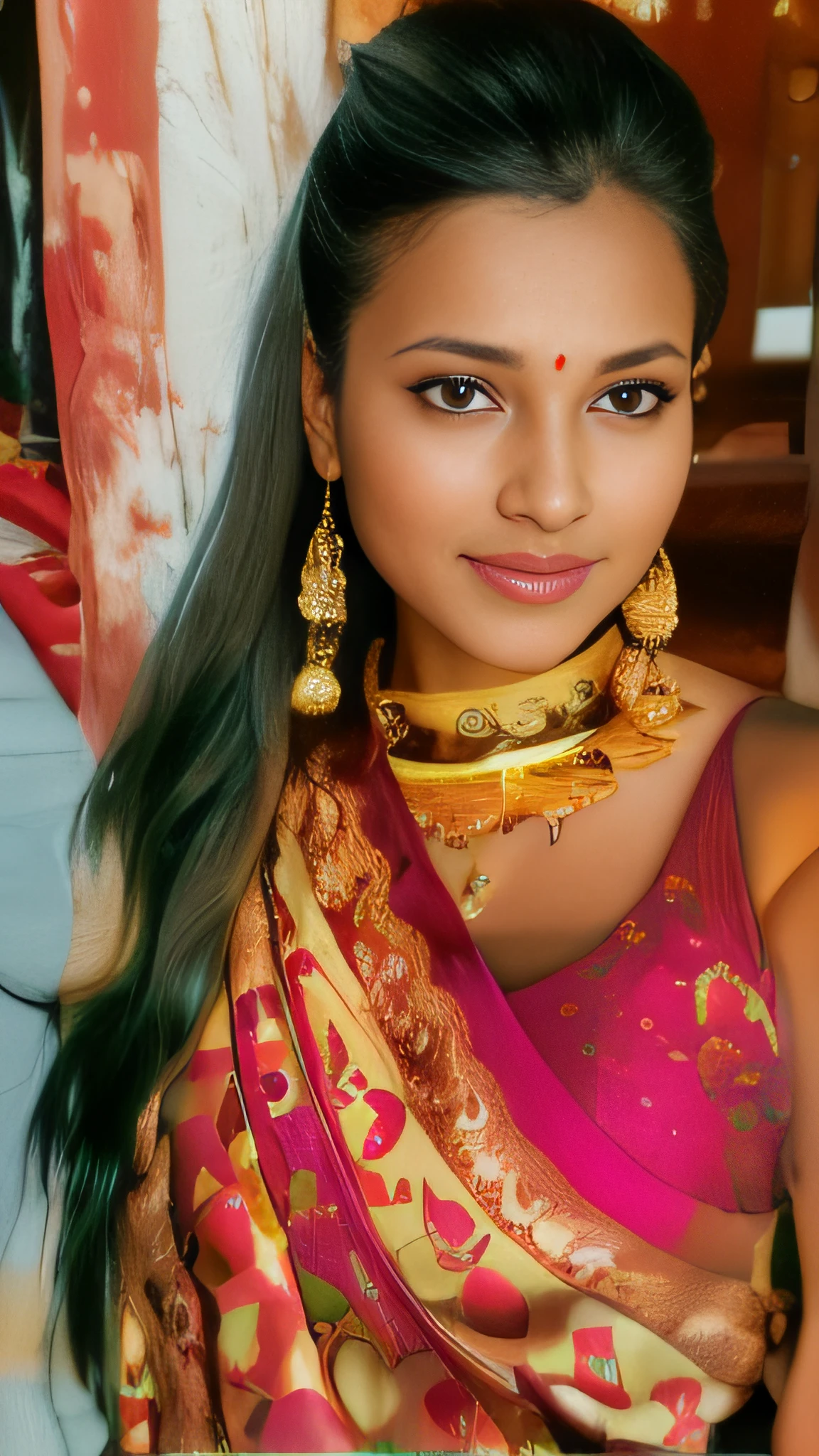 a close up of a woman wearing a sari and earrings, with lovely look, very beautiful girl, srilanka female aesthetic, traditional beauty, srilanka model, with accurate face, very very very beautifull face, beutifull, very very low quality picture, a beautiful young woman, with a beautifull smile, with kind face, candid picture, beutiful face, ((film grain, skin details, high detailed skin texture, 8k hdr, dslr)), photography taken by sony DSLR, Hd image