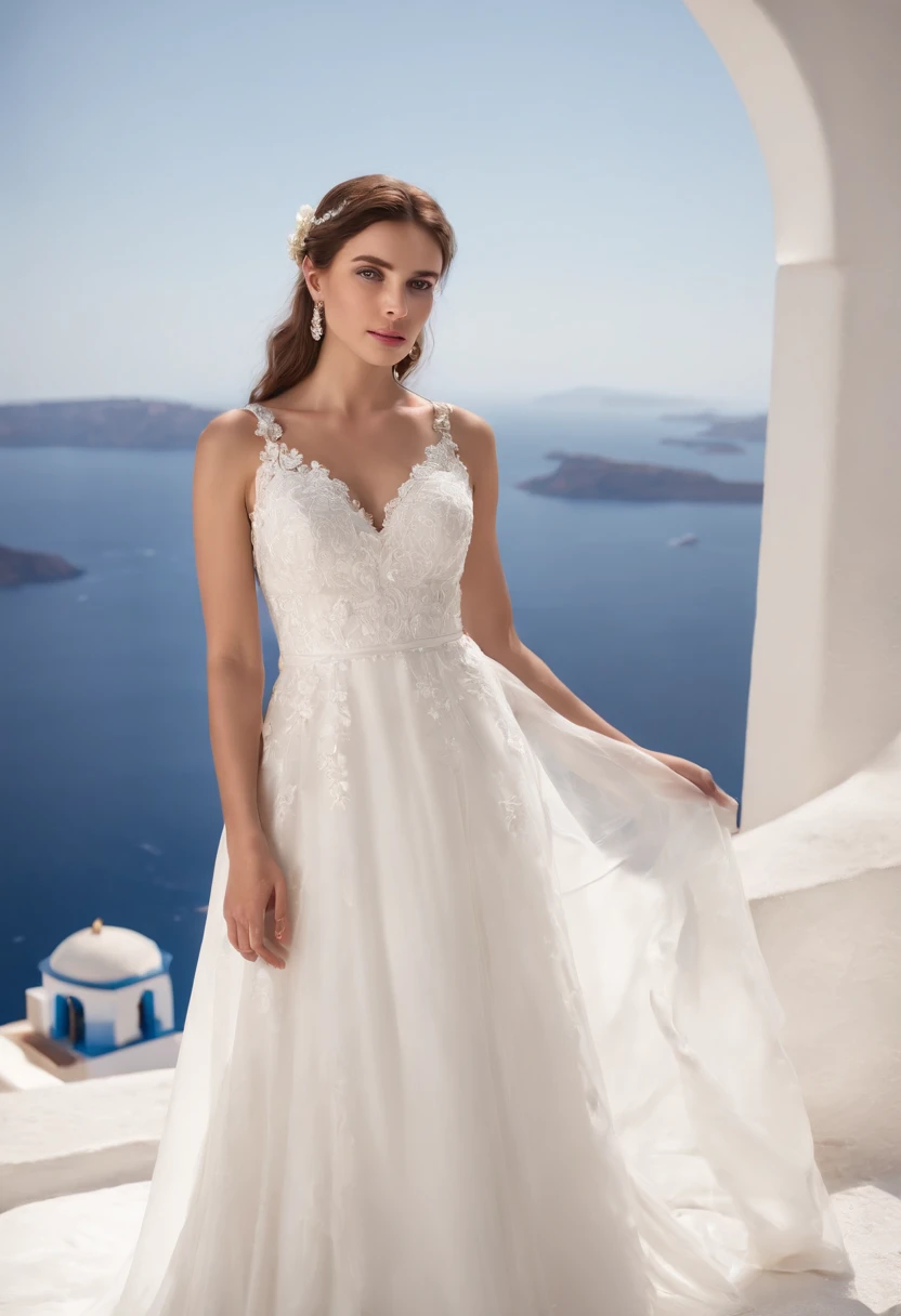 1 beautiful girl, wedding, (photorealism: 1.3) standing shot, Santorini, standing in front of (blue sea), white wedding dress, wedding decoration, masterpiece, diffused soft light, portrait, best Quality, (Perfect Face: 1.4), Hyper-realistic high details, complex realistic simulation style photos, movie lighting, studio shots, elegant poses, (medium close-up)