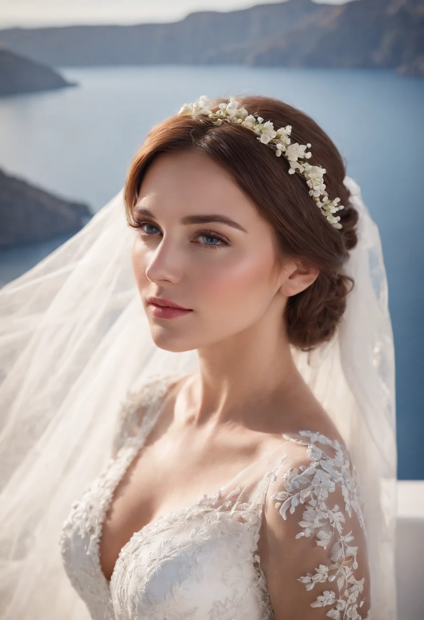 1 beautiful girl, wedding, (photorealism: 1.3) standing shot, Santorini, standing in front of (blue sea), white wedding dress, wedding decoration, masterpiece, diffused soft light, portrait, best Quality, (Perfect Face: 1.4), Hyper-realistic high details, complex realistic simulation style photos, movie lighting, studio shots, elegant poses, (medium close-up)