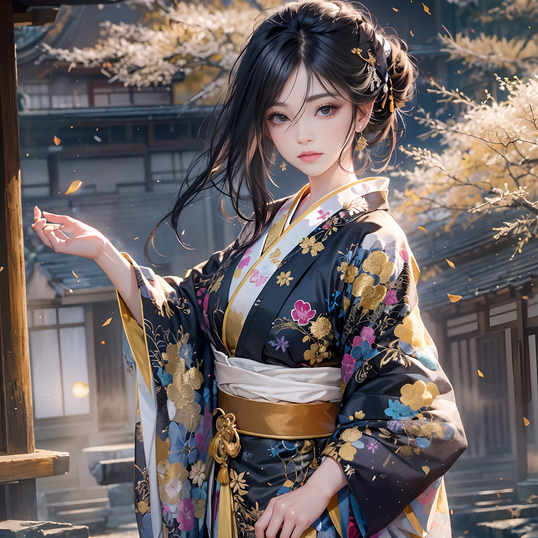 watching at viewers、Ancient capital and moon in the background、((Dense background))、poneyTail、Woman with shiny black hair、perfect hand、break {{{Luxury kimono(Colorful kimono(Detailed golden embroidery,))}}}、face perfect,Depict a beautiful and graceful woman of Japan。Heart in the eye。full body Esbian。 Wallpaper 8K, .Blur the background with a sickle,((masutepiece)), ((Best Quality))