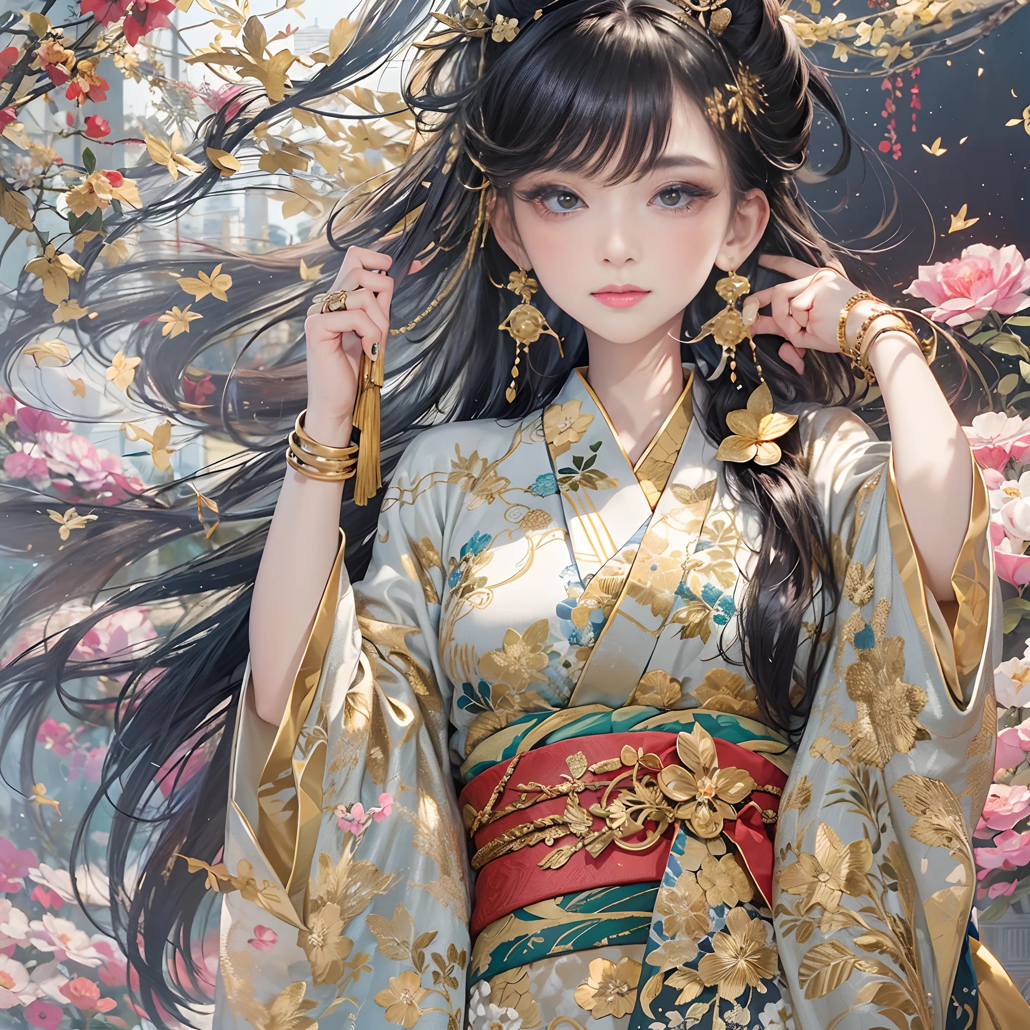 watching at viewers、Ancient capital and moon in the background、((Dense background))、poneyTail、Woman with shiny black hair、perfect hand、break {{{Luxury kimono(Colorful kimono(Detailed golden embroidery,))}}}、face perfect,Depict a beautiful and graceful woman of Japan。Heart in the eye。full body Esbian。 Wallpaper 8K, .Blur the background with a sickle,((masutepiece)), ((Best Quality))