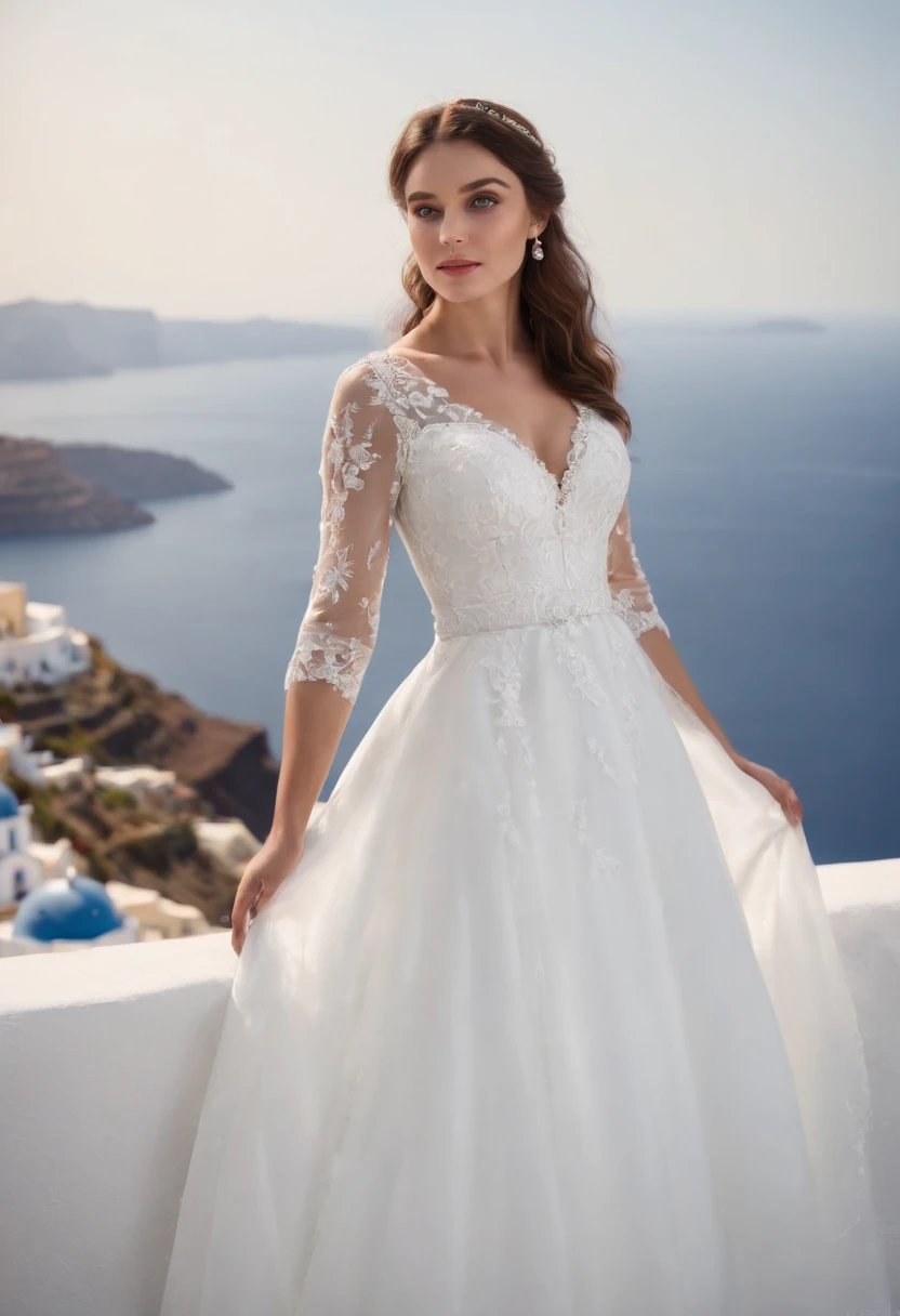 1 beautiful girl, wedding, (photorealism: 1.3) standing shot, Santorini, standing in front of (blue sea), white wedding dress, wedding decoration, masterpiece, diffused soft light, portrait, best Quality, (Perfect Face: 1.4), Hyper-realistic high details, complex realistic simulation style photos, movie lighting, studio shots, elegant poses, (medium close-up)