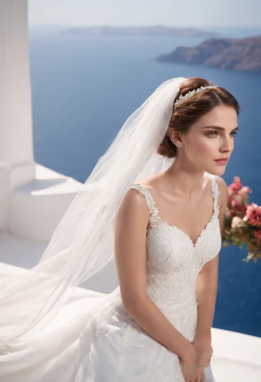 1 beautiful girl, wedding, (photorealism: 1.3) standing shot, Santorini, standing in front of (blue sea), white wedding dress, wedding decoration, masterpiece, diffused soft light, portrait, best Quality, (Perfect Face: 1.4), Hyper-realistic high details, complex realistic simulation style photos, movie lighting, studio shots, elegant poses, (medium close-up)