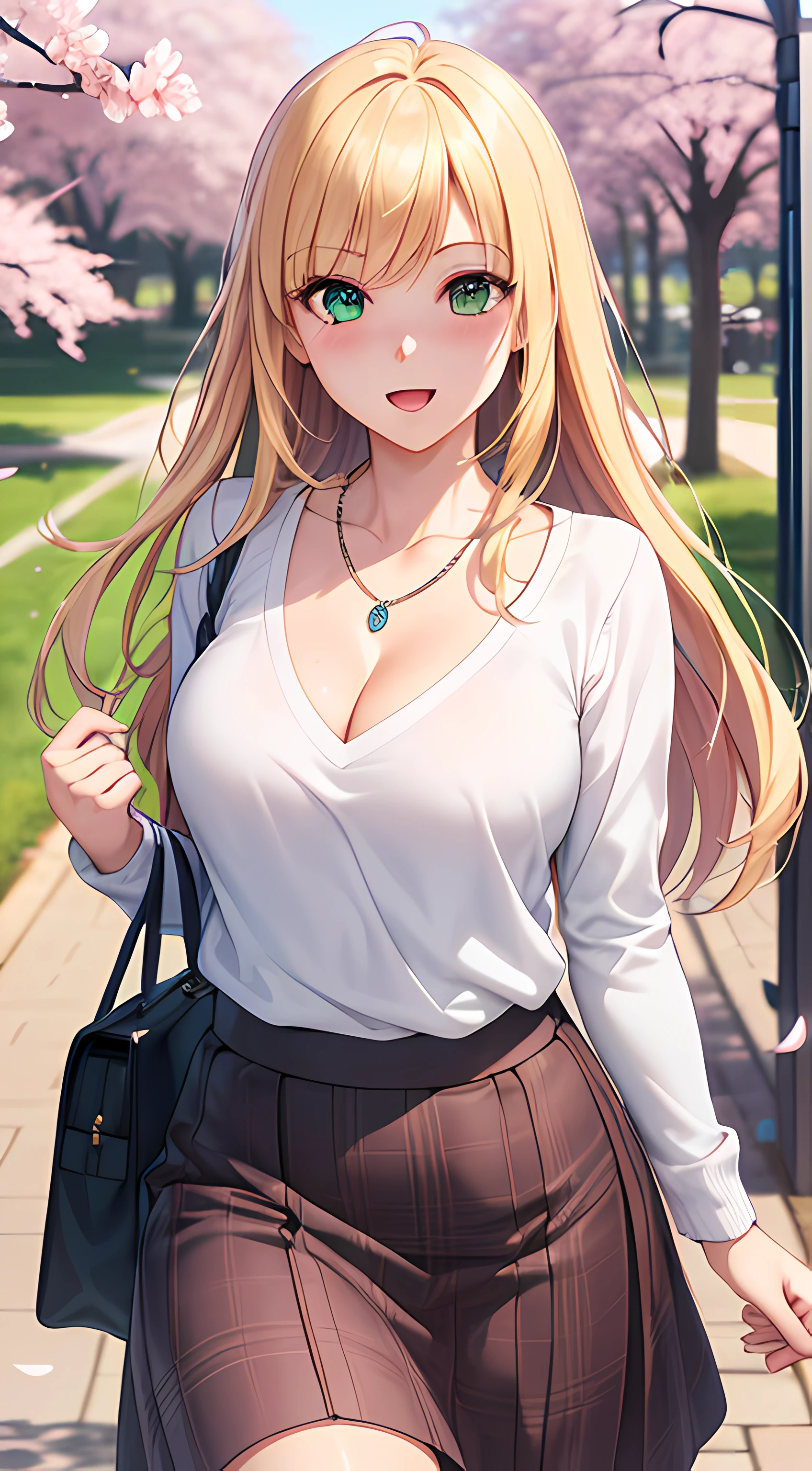 ((masterpiece, best quality, highres, UHD, perfect pixel, depth of field, 4k, RTX, HDR))), 1girl, single, solo, beautiful anime girl, beautiful artstyle, anime character, ((long hair, bangs, blonde hair)), ((green eyes:1.4, rounded eyes, beautiful eyelashes, realistic eyes)), ((detailed face, blushing:1.2)), ((smooth texture:0.75, realistic texture:0.65, photorealistic:1.1, anime CG style)), ((medium breasts, cleavage:1.1, busty)), dynamic angle, perfect body, ((POV, dynamic pose, portrait)), ((white sweater, long sleeve, black skirt, plaid skirt, fashionable, 1handbag, 1diamond necklace)), smile, open mouth, amusement park, ((cherry blossom tree, cherry blossoms fall))