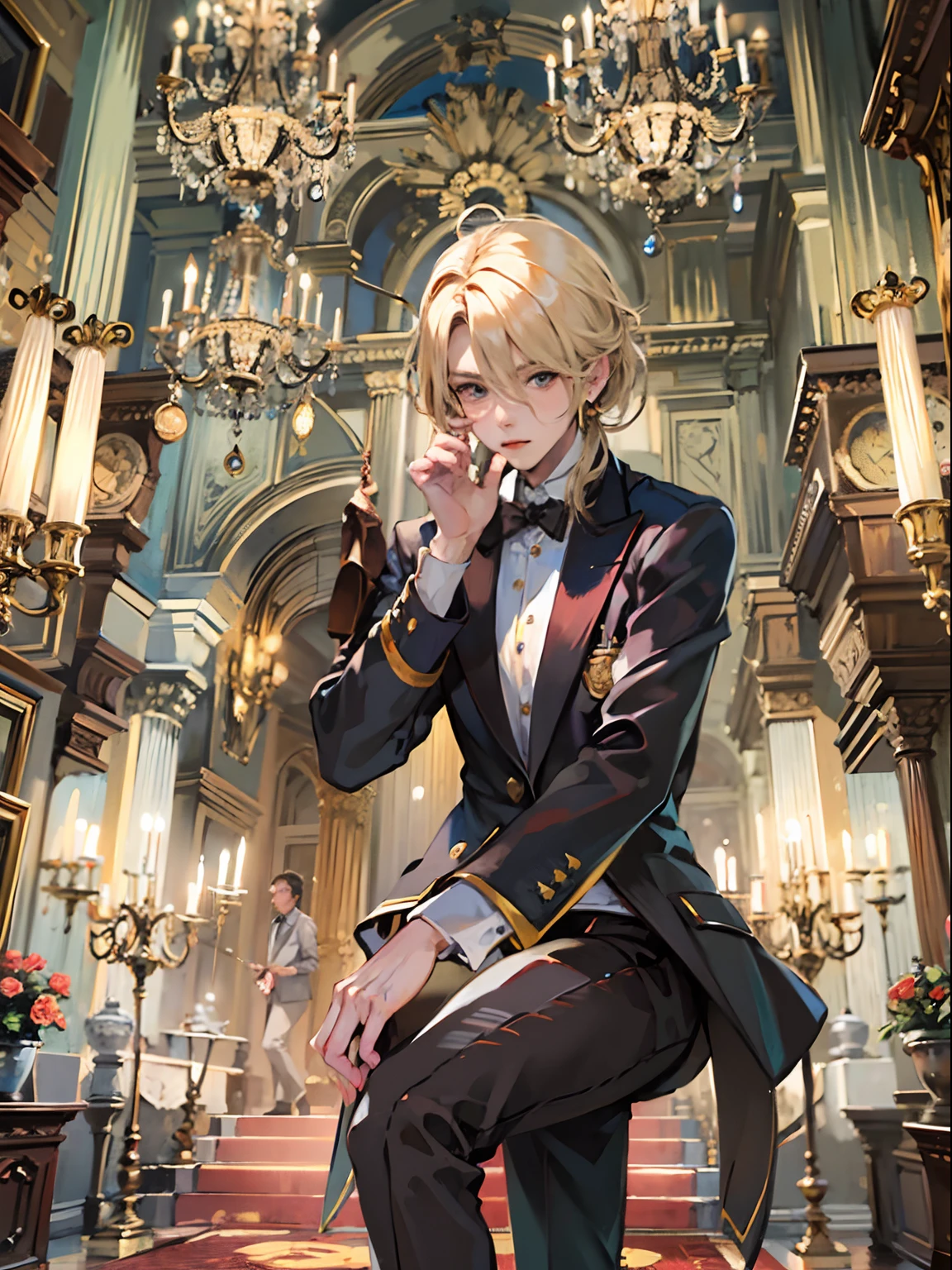 1boy,11 only、(Man's :2),(bobhair:1.5)、a blond、Naked tuxedo、Inside the Western-style building、Luxurious chandeliers、Vibrant lighting、hightquality、masutepiece,8K,hight resolution、