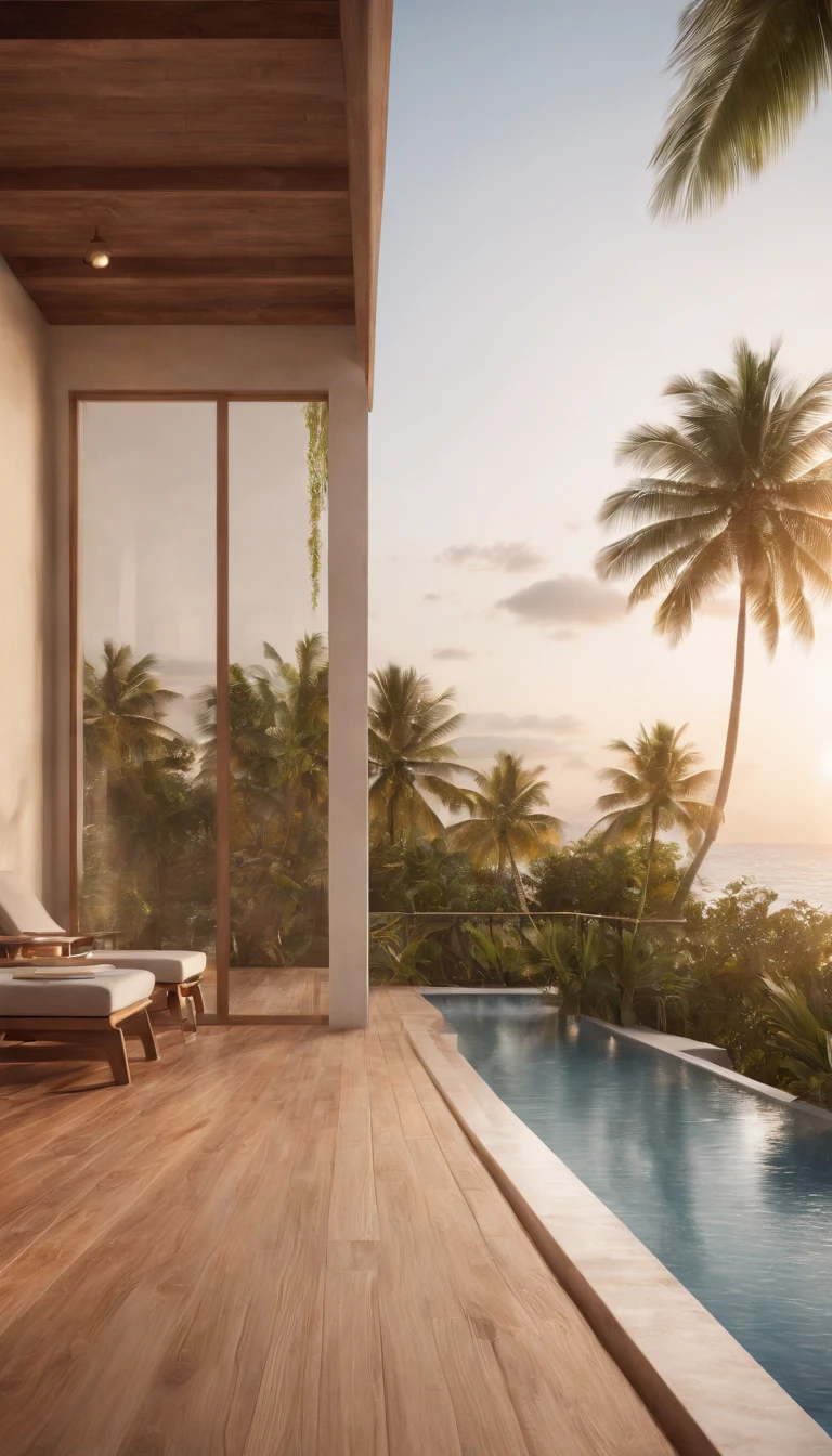 Beach development, Ground floor bungalow style, Minimalist, Detail of wooden slats, Facades with windows and small balconies, swimmingpool, Coconut trees, Sunset lighting, photorealistic image, cinematic ligh