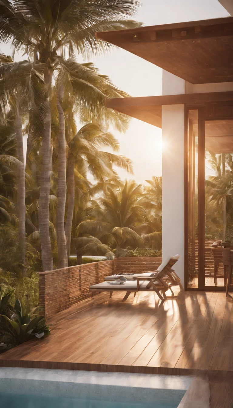 Beach development, Ground floor bungalow style, Minimalist, Detail of wooden slats, Facades with windows and small balconies, swimmingpool, Coconut trees, Sunset lighting, photorealistic image, cinematic ligh