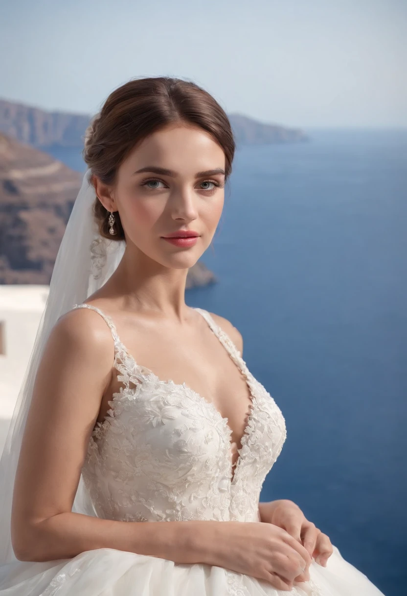 1 beautiful girl, wedding, (photorealism: 1.3) standing shot, Santorini, standing in front of (blue sea), white wedding dress, wedding decoration, masterpiece, diffused soft light, (portrait), Best quality, (Perfect Face: 1.4), hyper-realistic high detail, complex realistic simulation style photo, movie lighting, studio shot, elegant pose, (close-up)