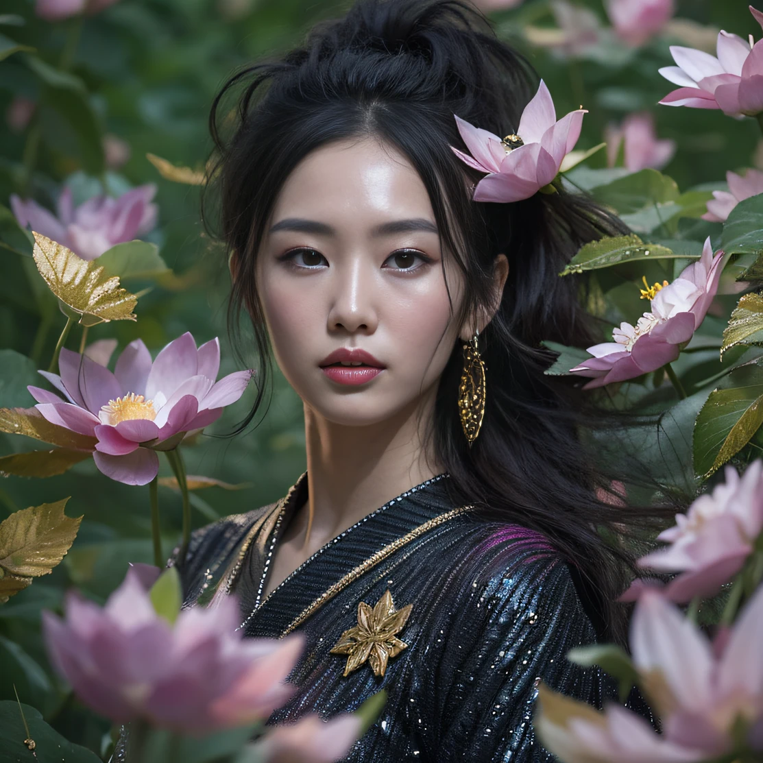 Gold backstop 32K(tmasterpiece,k hd,hyper HD,32K)Long flowing black hair,ponds,zydink, a color, Aozhou people (Concubine girl), (Purple silk scarf), Combat posture, looking at the ground, long whitr hair, Floating hair, Carp pattern headdress, Chinese long-sleeved clothing, (Abstract gouache splash:1.2), Pink petal background,Pink and white lotus flowers fly(realisticlying:1.4),Black color hair,Fallen leaves flutter,The background is pure, A high resolution, the detail, RAW photogr, Sharp Re, Nikon D850 Film Stock Photo by Jefferies Lee 4 Kodak Portra 400 Camera F1.6 shots, Rich colors, ultra-realistic vivid textures, Dramatic lighting, Unreal Engine Art Station Trend, cinestir 800,Long flowing black hair,Denim skirt