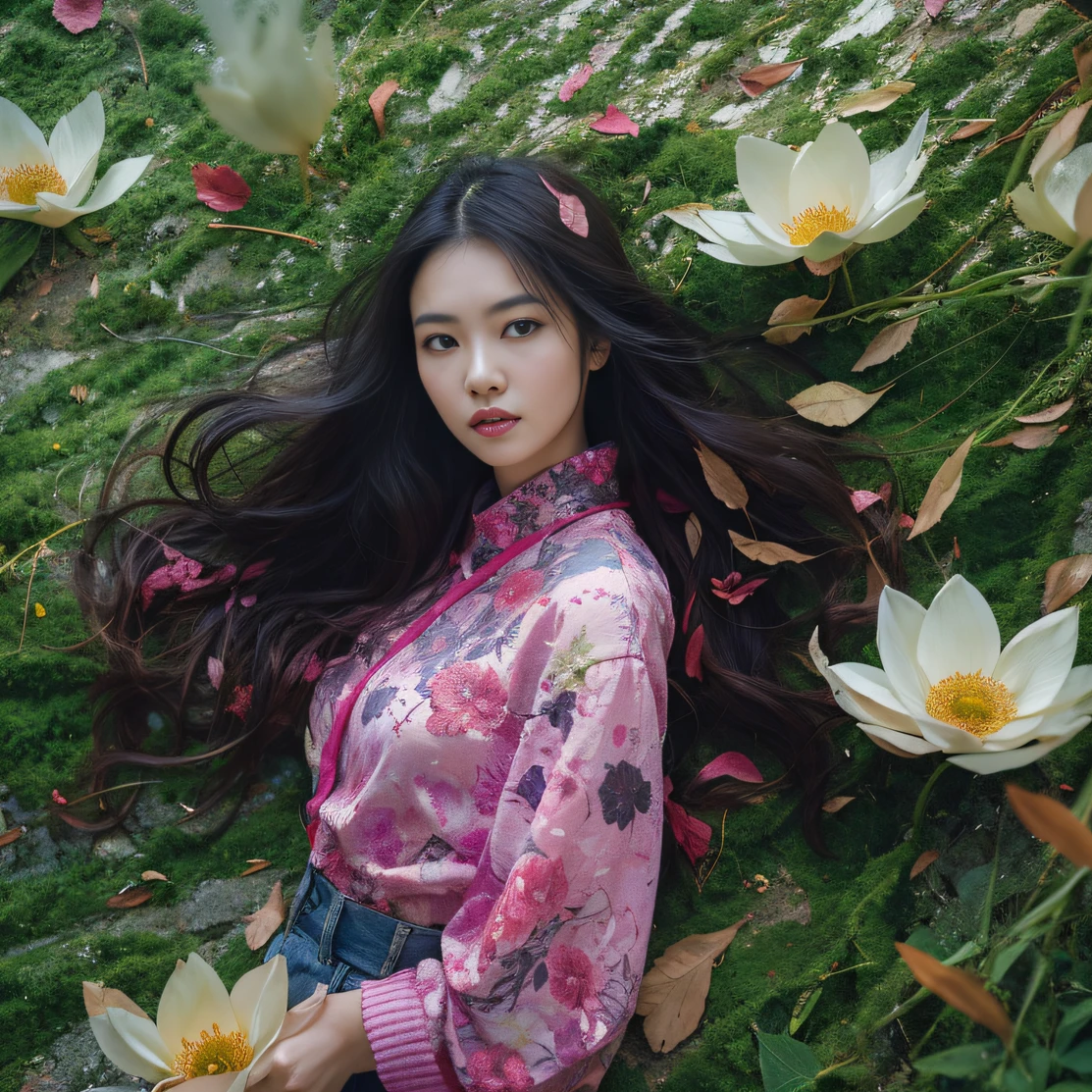 Gold backstop 32K(tmasterpiece,k hd,hyper HD,32K)Long flowing black hair,ponds,zydink, a color, Aozhou people (Concubine girl), (Purple silk scarf), Combat posture, looking at the ground, long whitr hair, Floating hair, Carp pattern headdress, Chinese long-sleeved clothing, (Abstract gouache splash:1.2), Pink petal background,Pink and white lotus flowers fly(realisticlying:1.4),Black color hair,Fallen leaves flutter,The background is pure, A high resolution, the detail, RAW photogr, Sharp Re, Nikon D850 Film Stock Photo by Jefferies Lee 4 Kodak Portra 400 Camera F1.6 shots, Rich colors, ultra-realistic vivid textures, Dramatic lighting, Unreal Engine Art Station Trend, cinestir 800,Long flowing black hair,Denim skirt