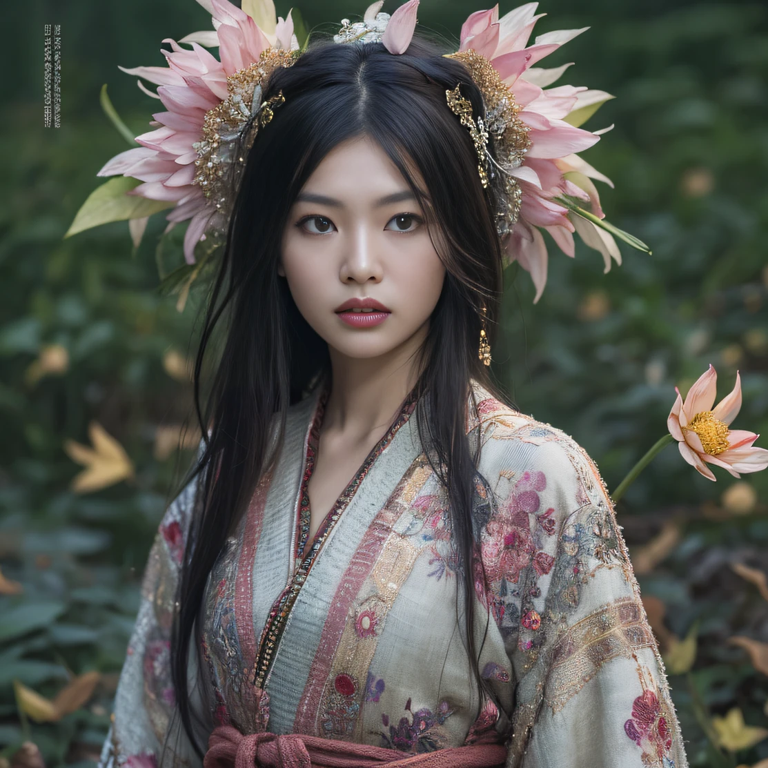 Gold backstop 32K(tmasterpiece,k hd,hyper HD,32K)Long flowing black hair,ponds,zydink, a color, Aozhou people (Concubine girl), (Purple silk scarf), Combat posture, looking at the ground, long whitr hair, Floating hair, Carp pattern headdress, Chinese long-sleeved clothing, (Abstract gouache splash:1.2), Pink petal background,Pink and white lotus flowers fly(realisticlying:1.4),Black color hair,Fallen leaves flutter,The background is pure, A high resolution, the detail, RAW photogr, Sharp Re, Nikon D850 Film Stock Photo by Jefferies Lee 4 Kodak Portra 400 Camera F1.6 shots, Rich colors, ultra-realistic vivid textures, Dramatic lighting, Unreal Engine Art Station Trend, cinestir 800,Long flowing black hair,Denim skirt